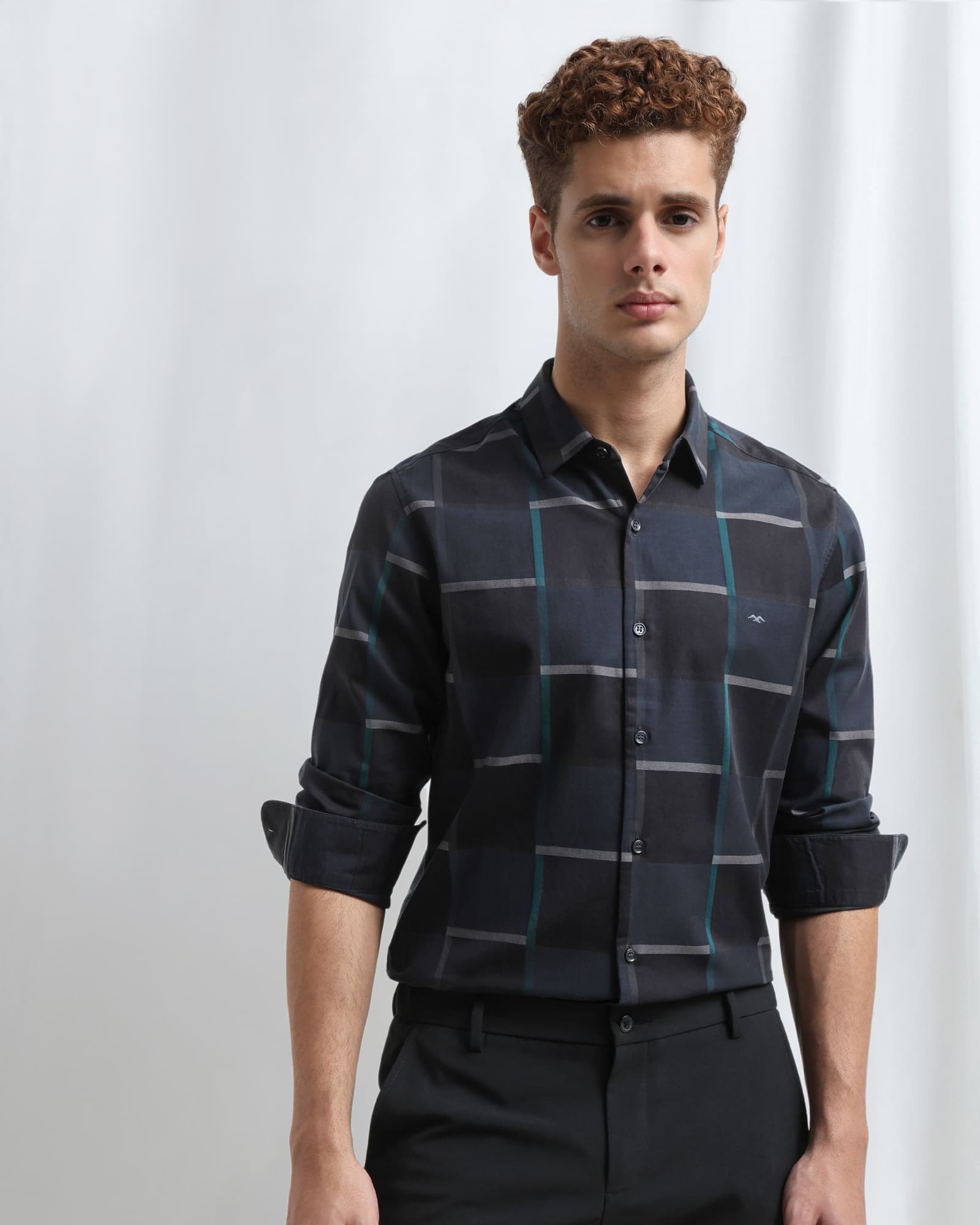 Black Dobby Check Slim Fit Casual Shirt | Mufti Jeans