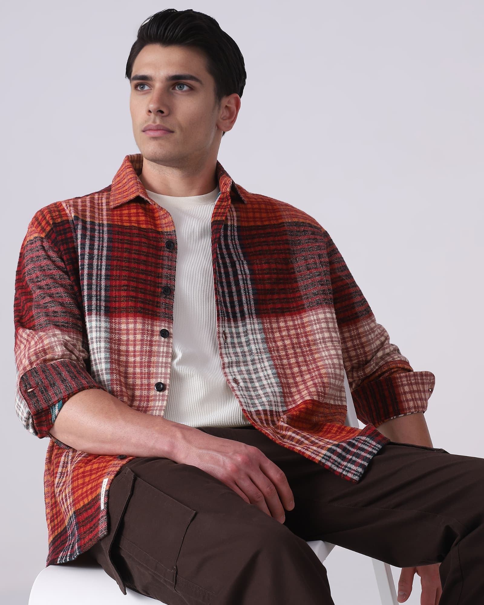 Rust Large Check Slim Fit Casual Shirt | Mufti Jeans
