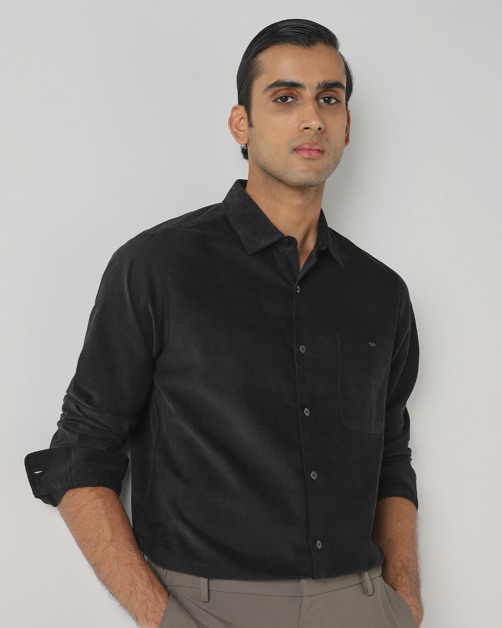 Black Corduroy Plain Slim Fit Casual Shirt | Mufti Jeans
