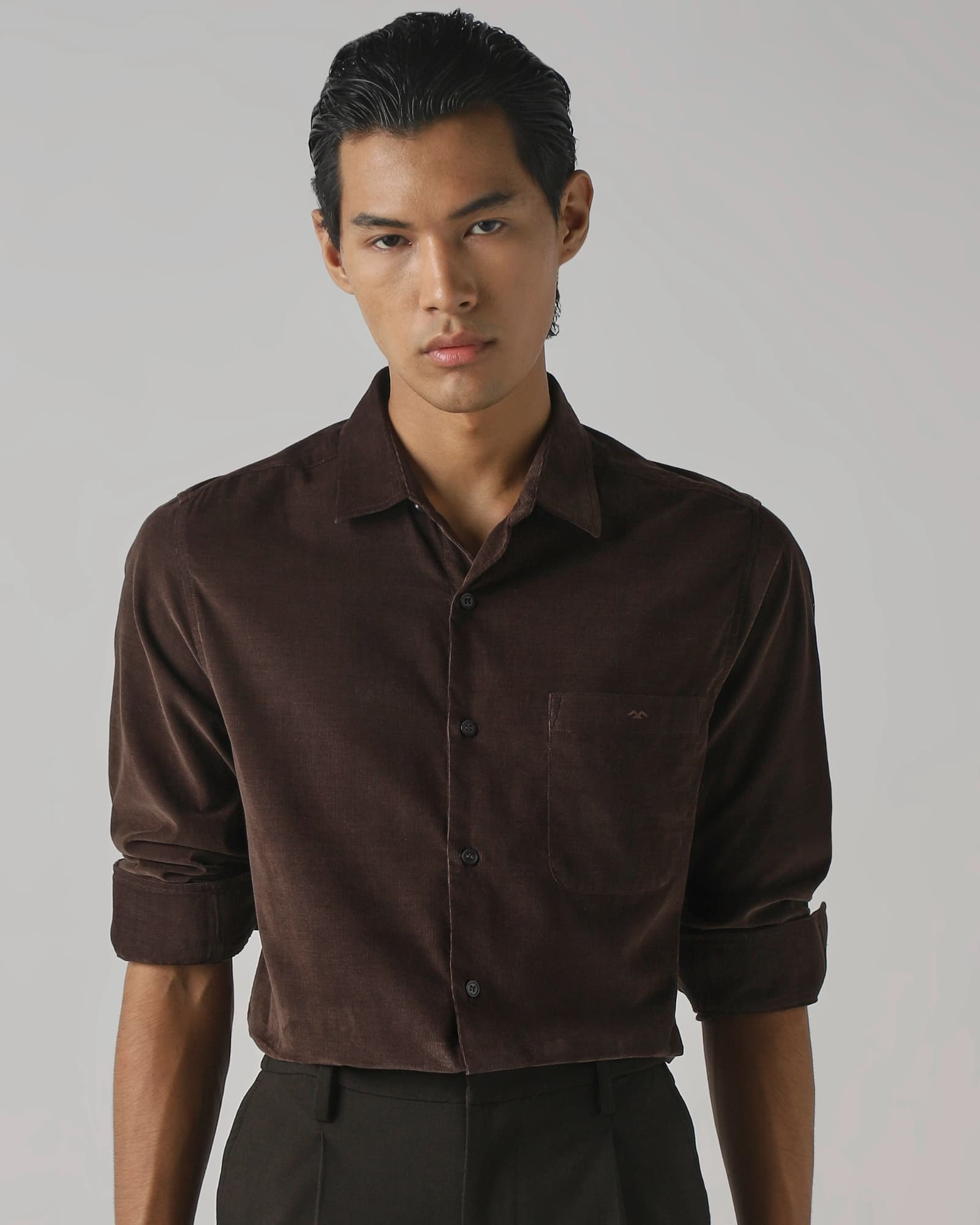 Brown Corduroy Plain Slim Fit Casual Shirt | Mufti Jeans