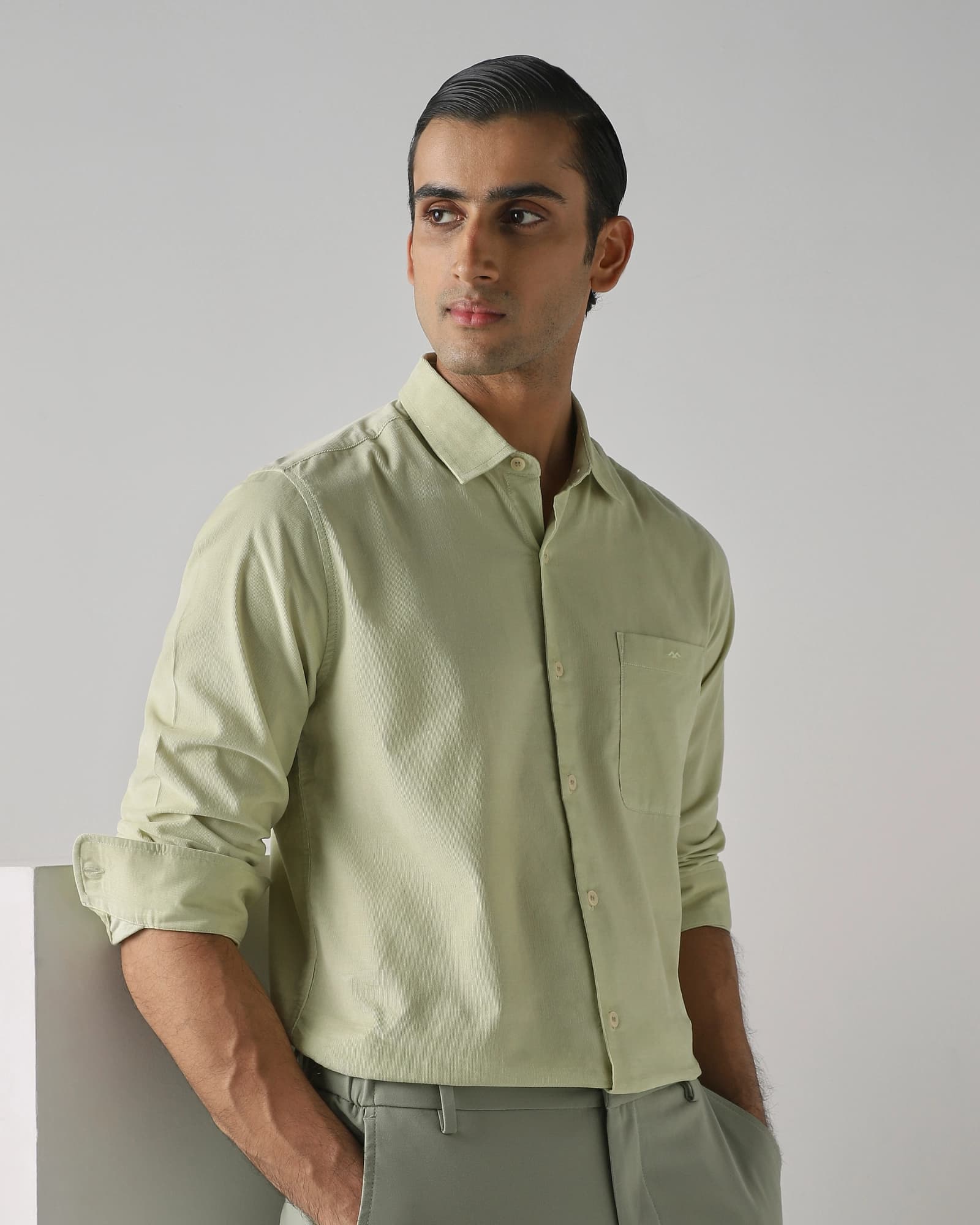Light Green Corduroy Plain Slim Fit Casual Shirt | Mufti Jeans