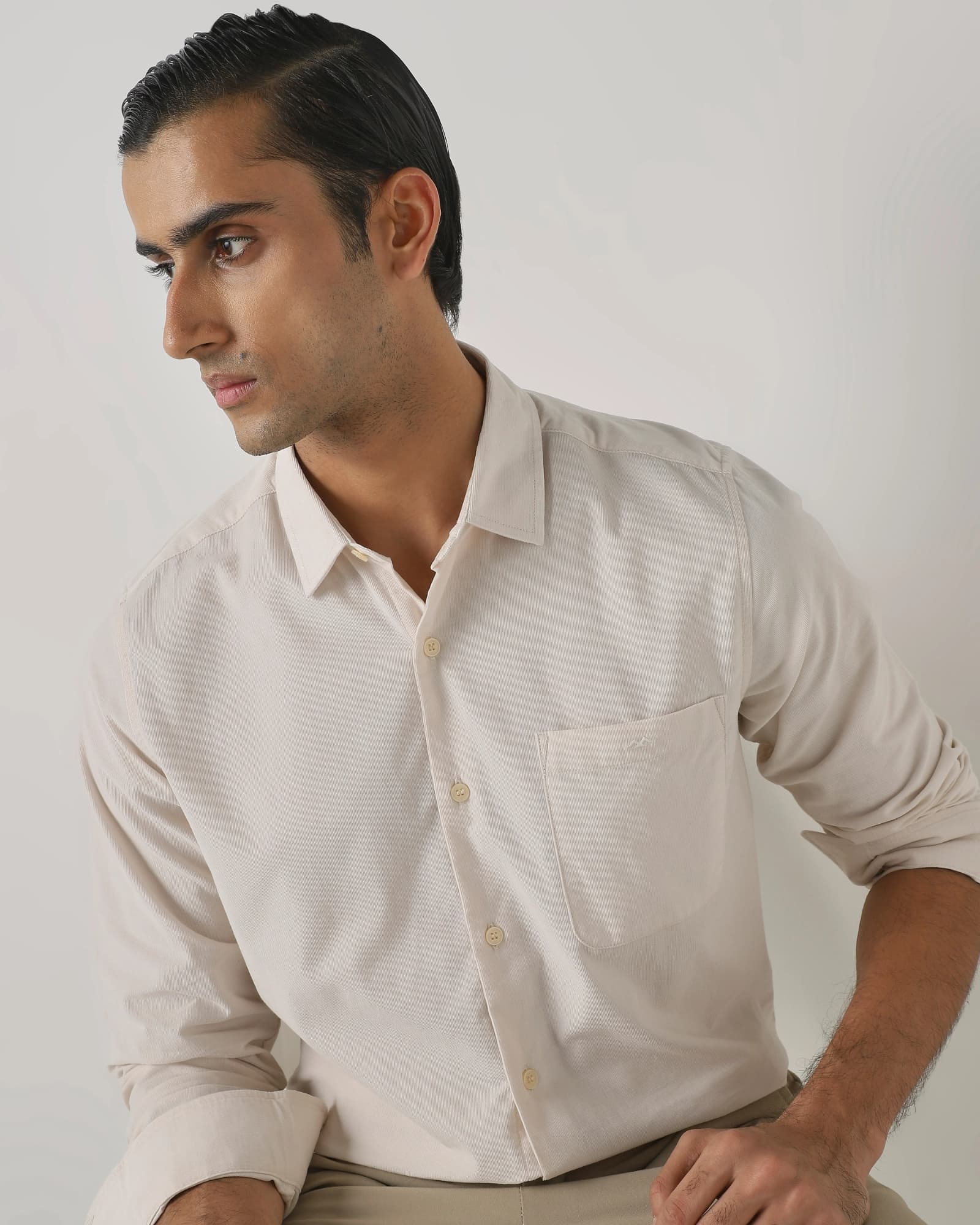 Off White Corduroy Plain Slim Fit Casual Shirt | Mufti Jeans