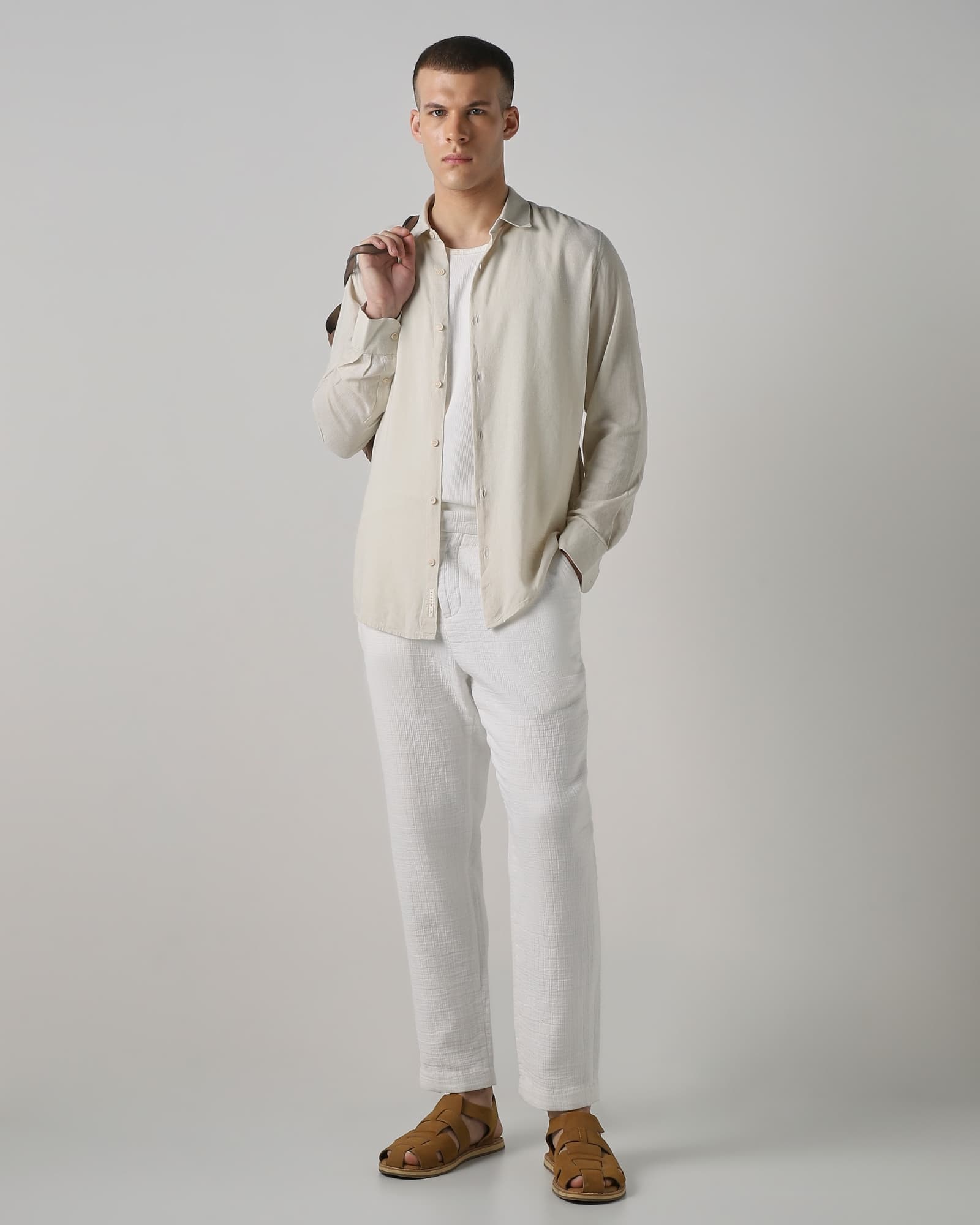 Off White Lyocell Linen Plain Slim Fit Casual Shirt | Mufti Jeans