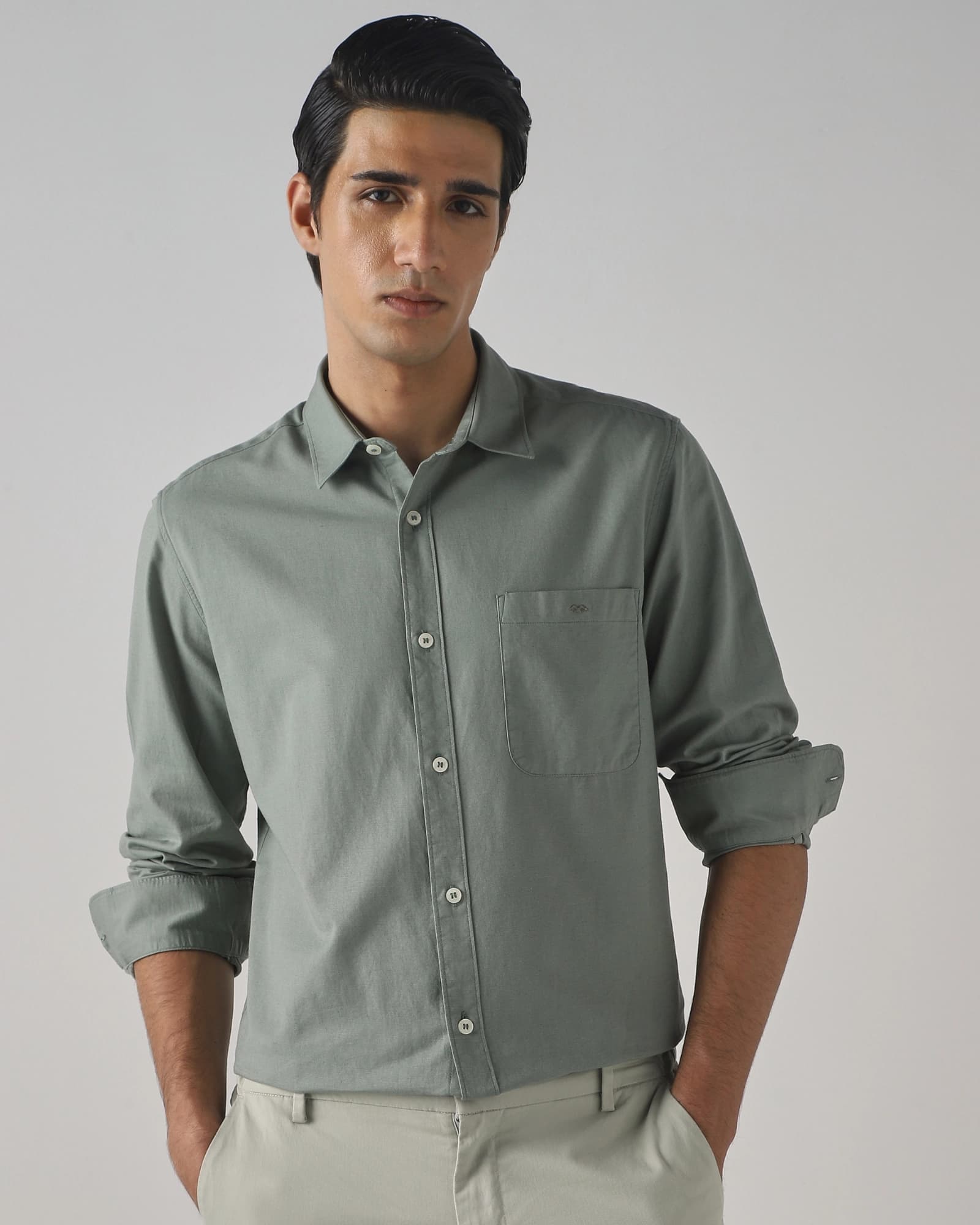Light Olive Cotton Linen Plain Slim Fit Casual Shirt | Mufti Jeans