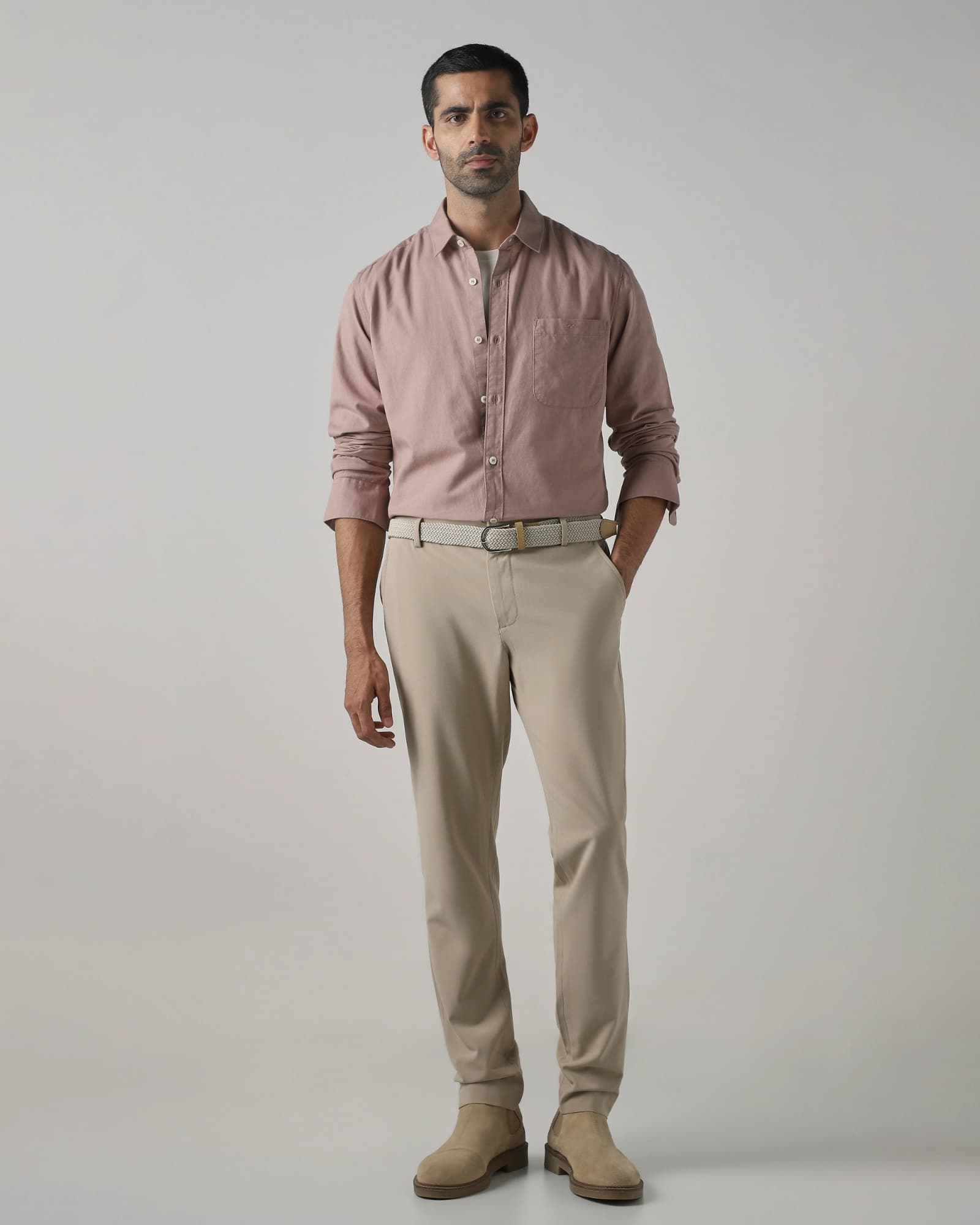 Stone Cotton Linen Plain Slim Fit Casual Shirt | Mufti Jeans