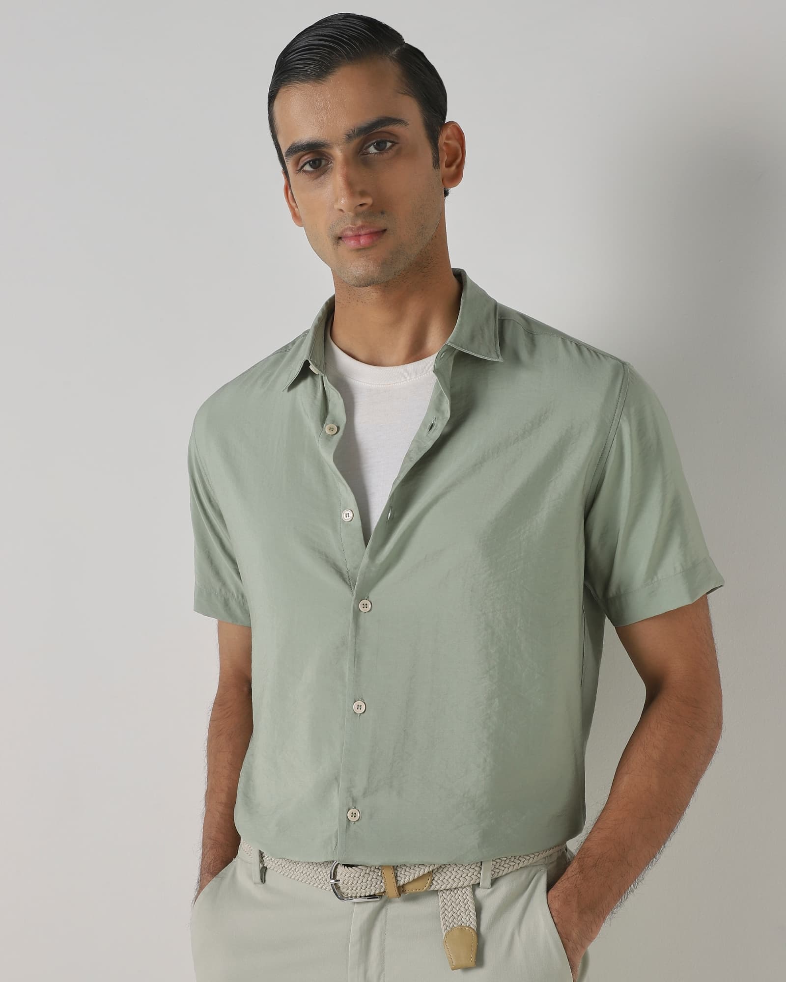Light Green Viscose Plain Slim Fit Casual Shirt | Mufti Jeans