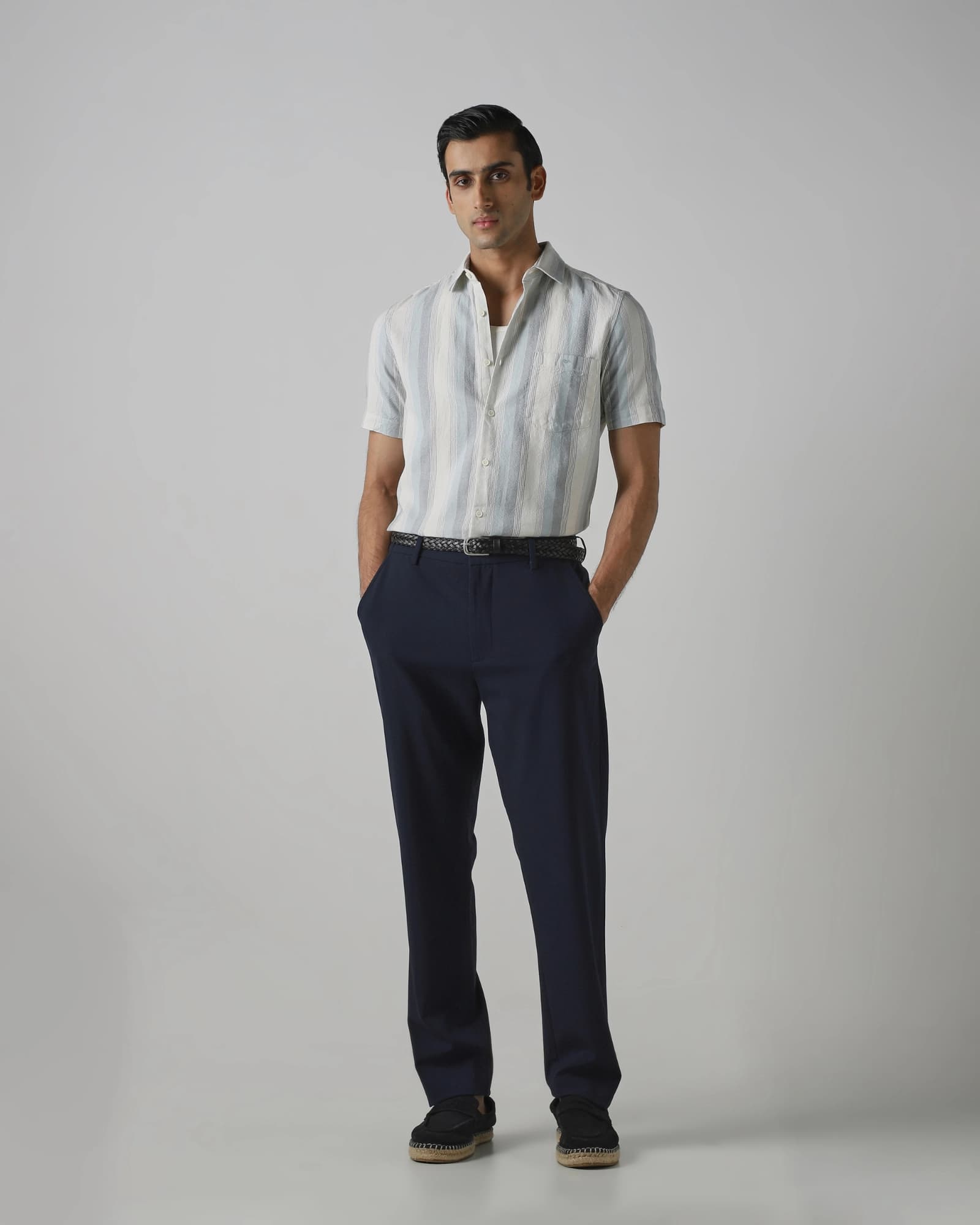 Sage Textured Stripe Slim Fit Casual Shirt | Mufti Jeans