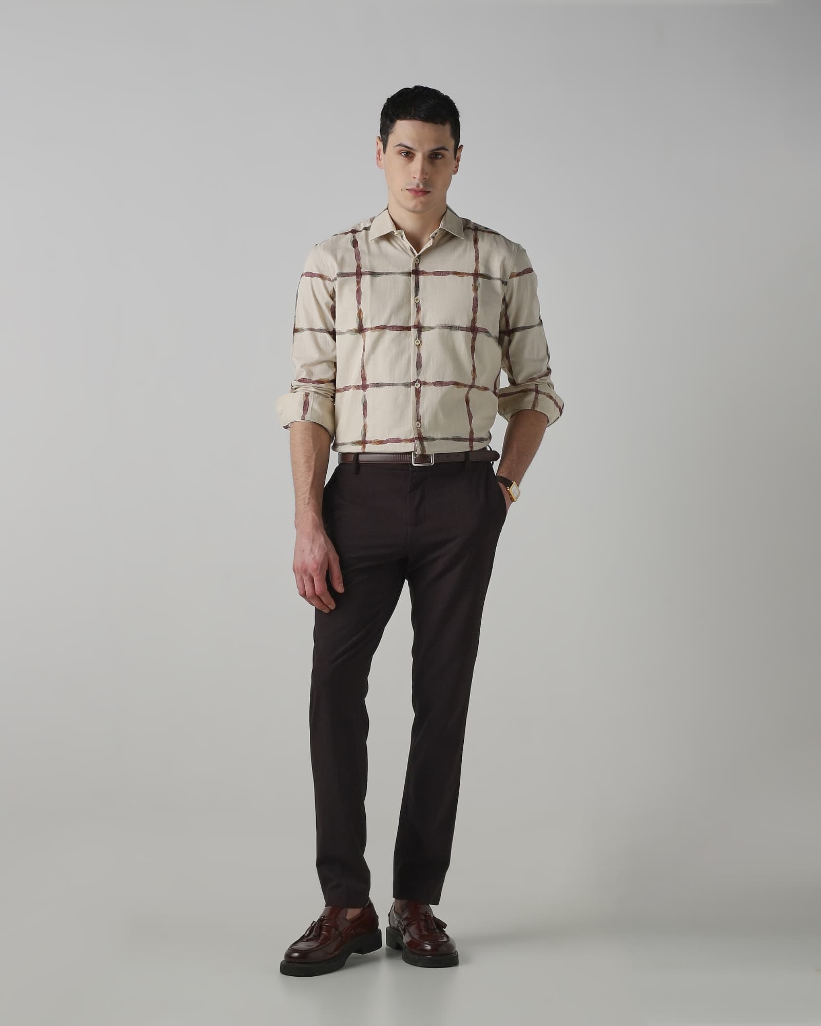 Beige Painted Check Shirt | Mufti Jeans