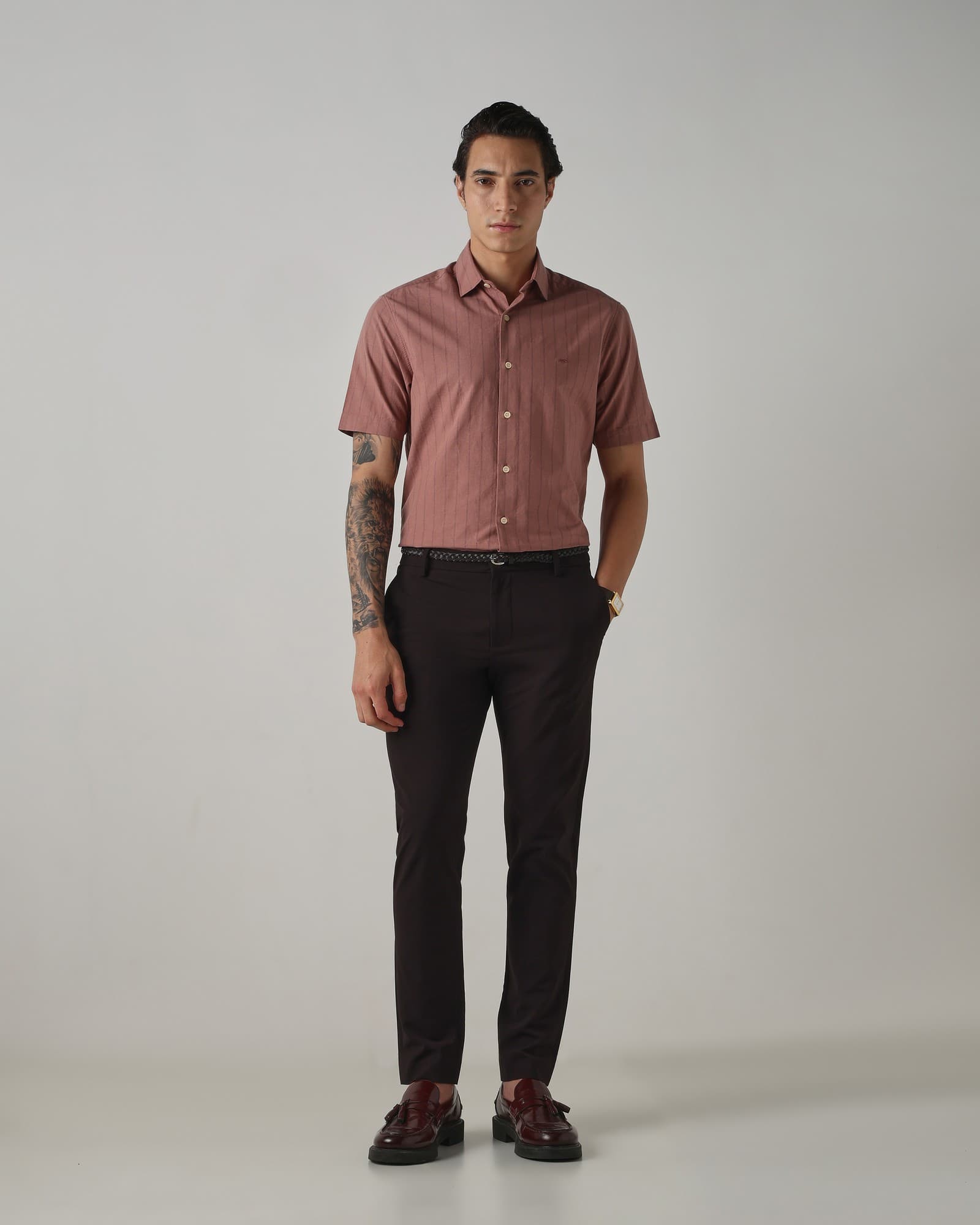 Brown Cotton Linen Stripe Shirt | Mufti Jeans