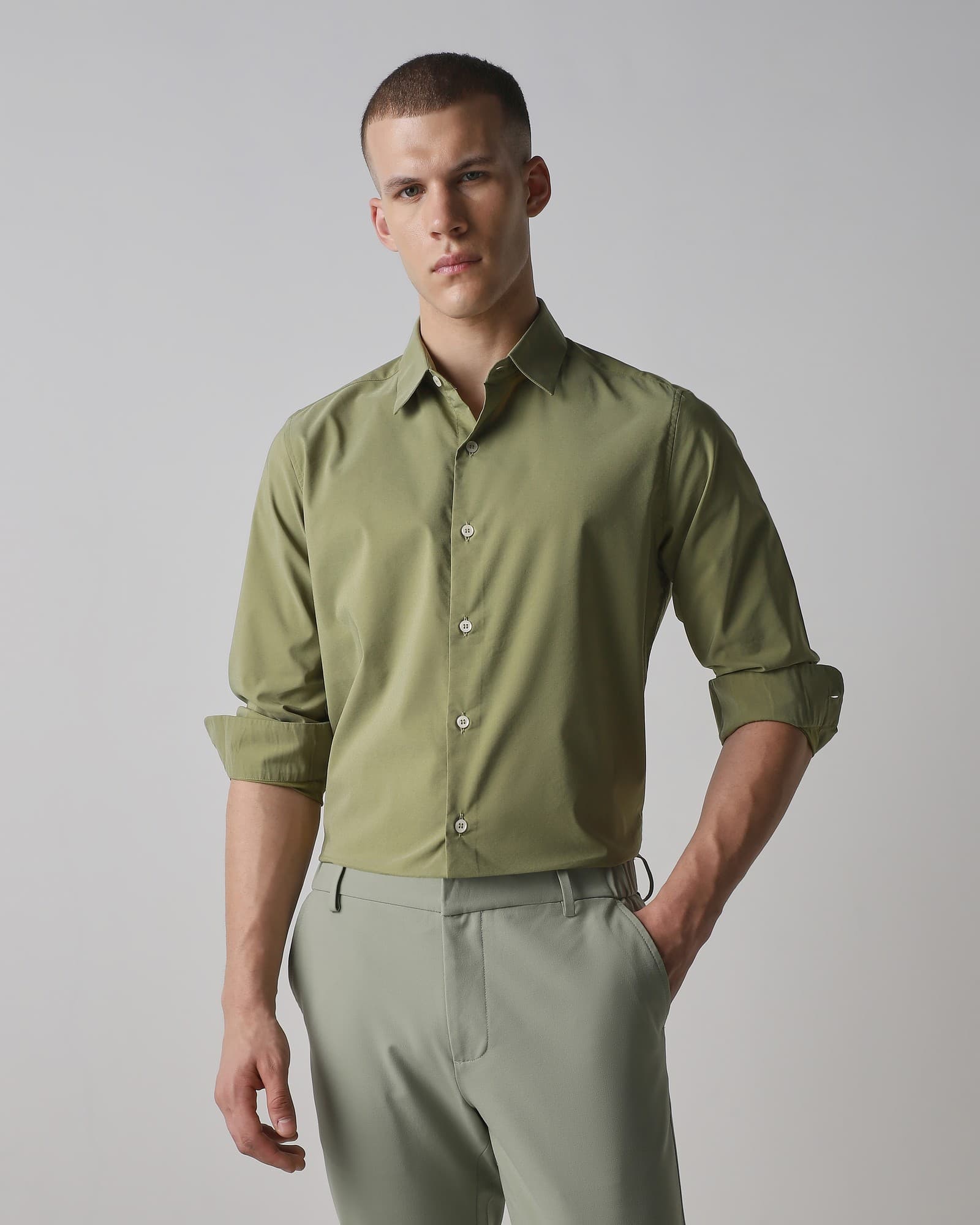 Green Solid Stretch Shirt