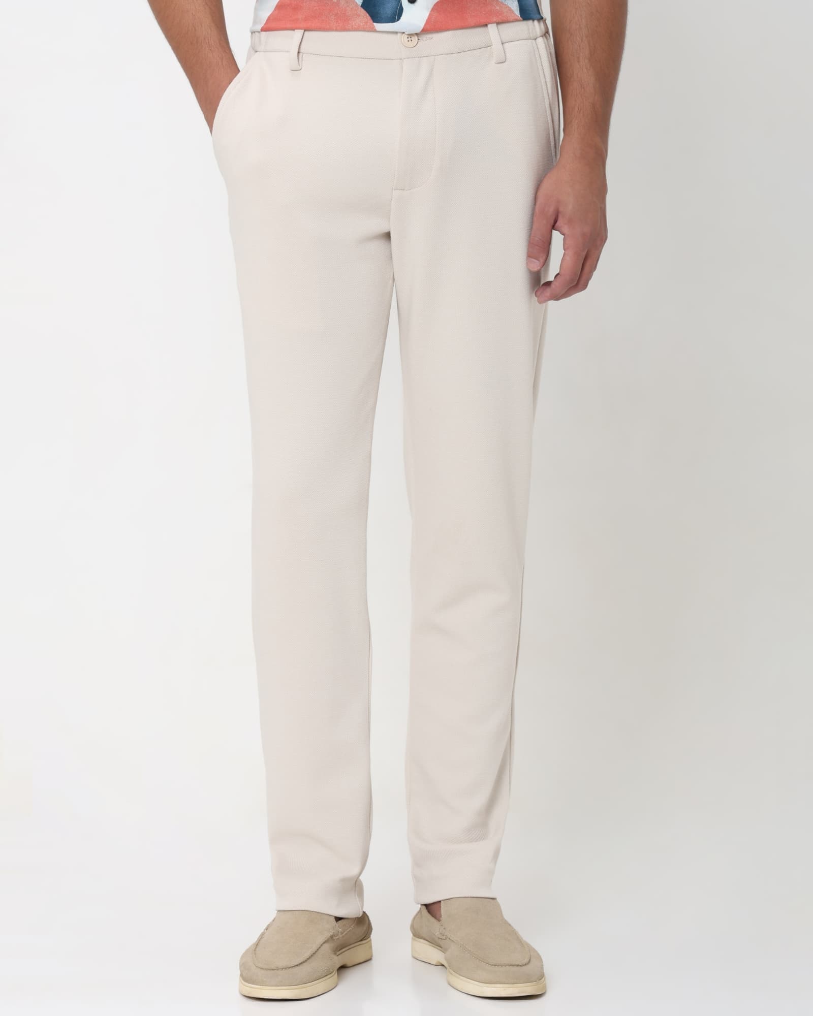 Off White Slim Fit Textured Jersey Stretch Chinos