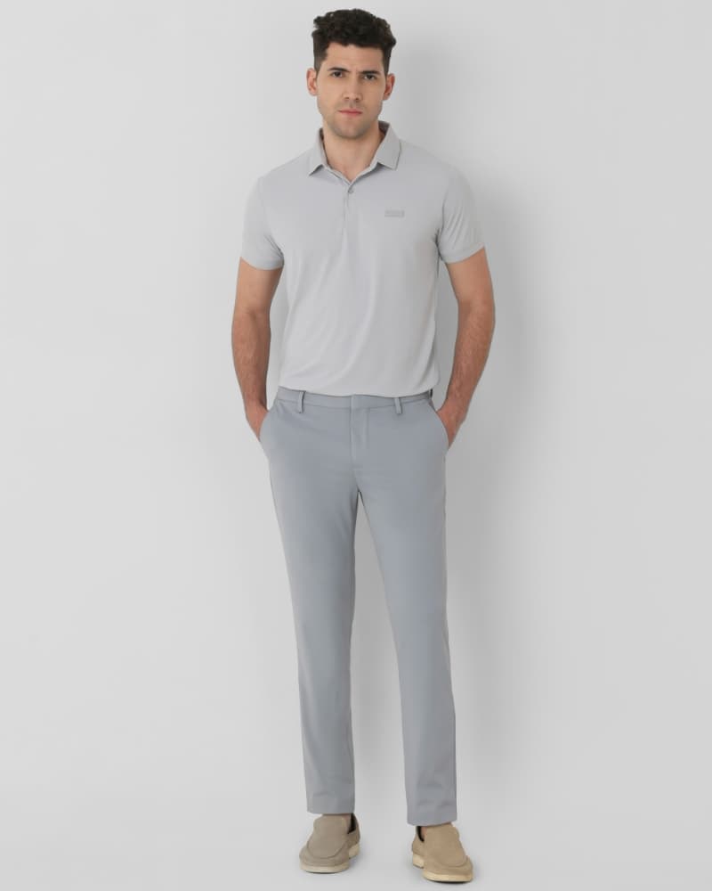 Grey Ankle Length Jersey Flat Front Pants Trouser