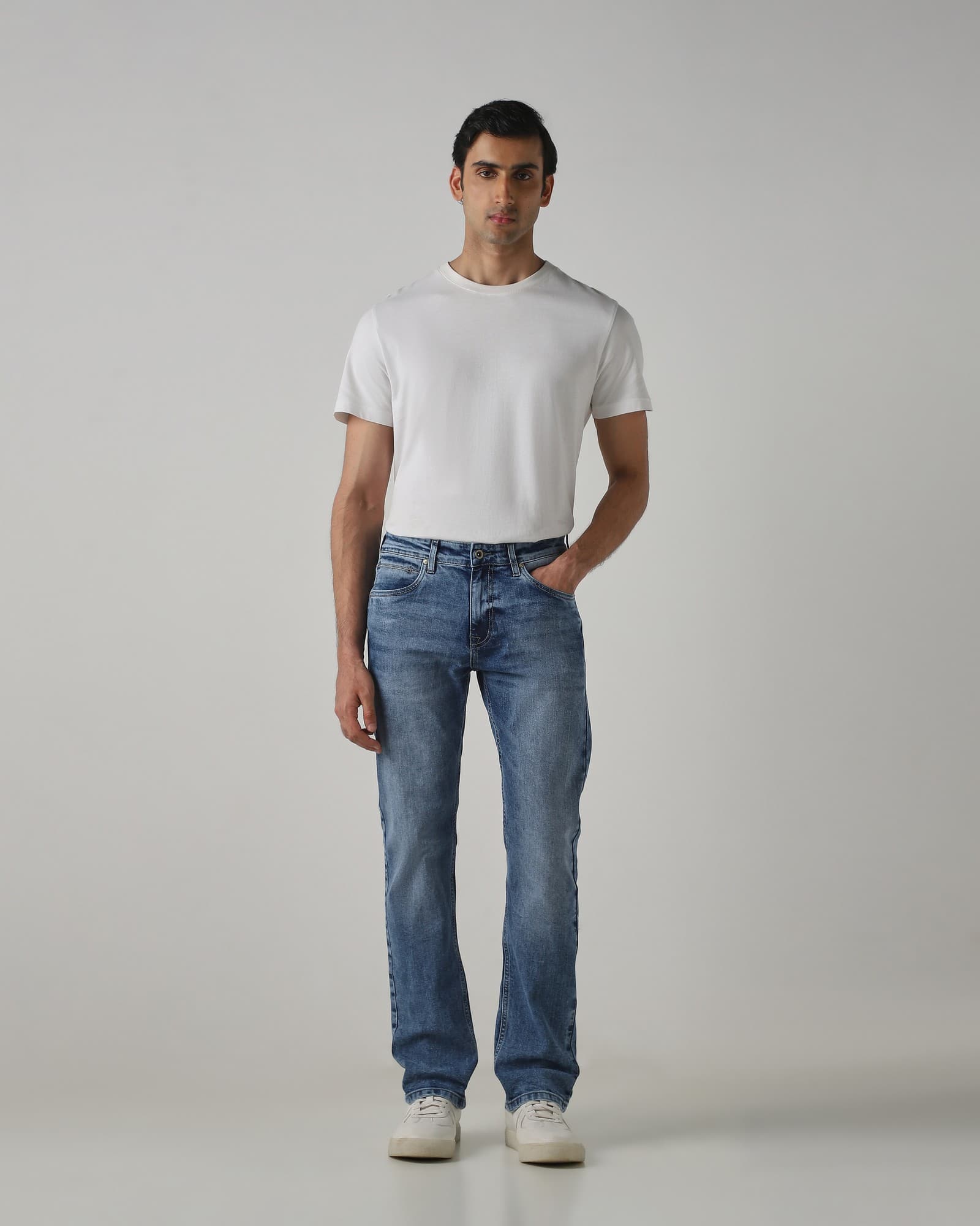 Mid Blue Relaxed Straight Fit Originals Stretch Jeans