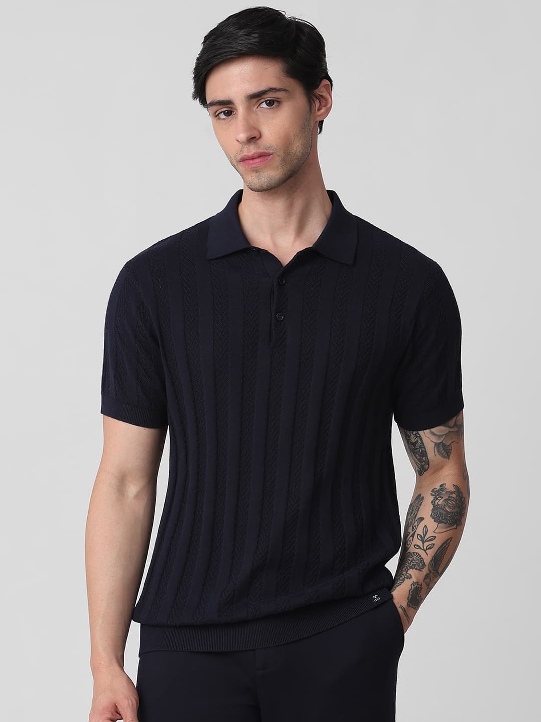Navy Self Stripe Flatknit Slim Fit Polo