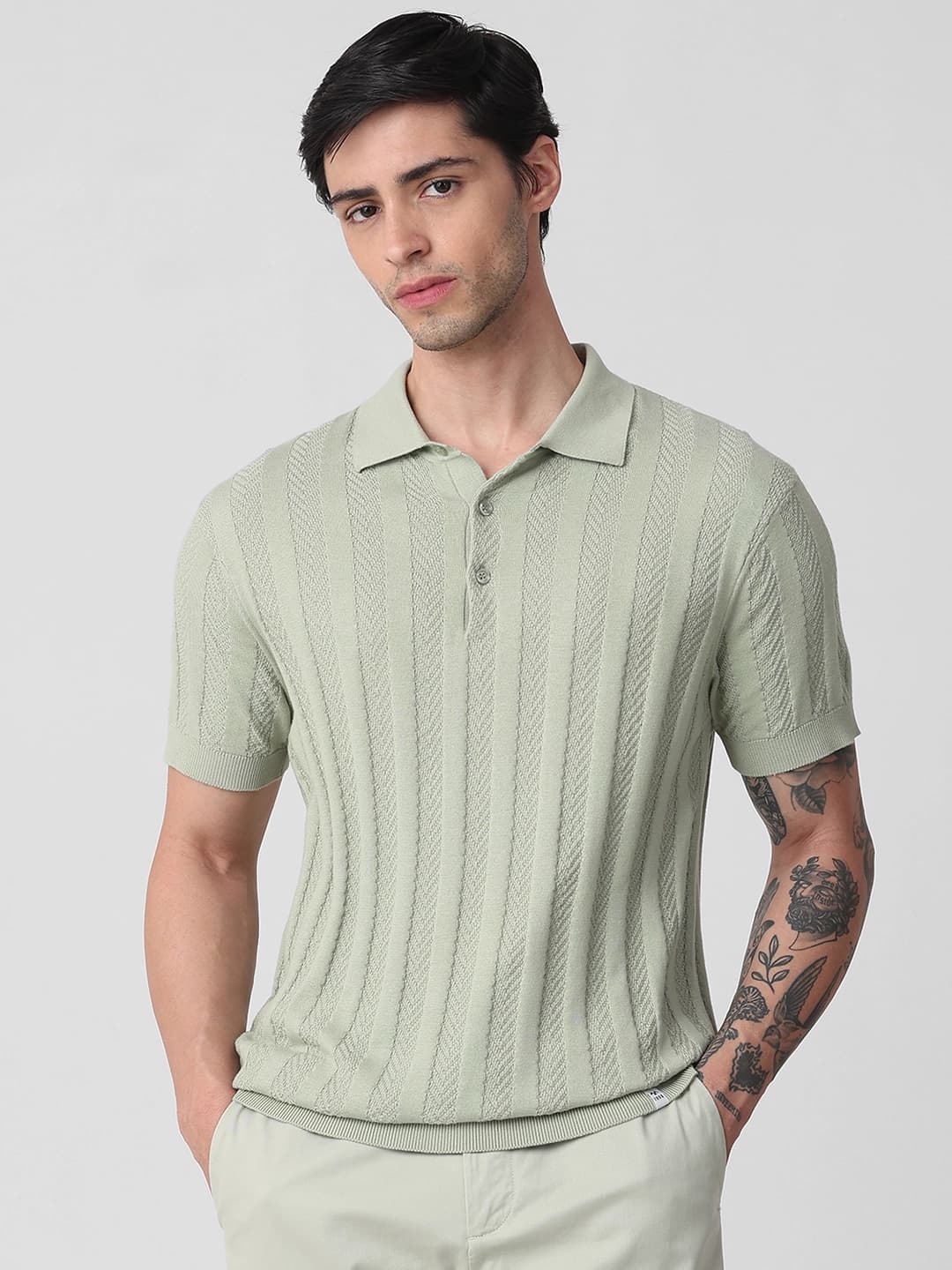 Light Olive Self Stripe Flatknit Slim Fit Polo | Mufti Jeans