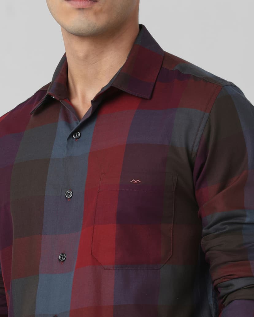 Maroon Large Check Slim Fit Casual Shirt