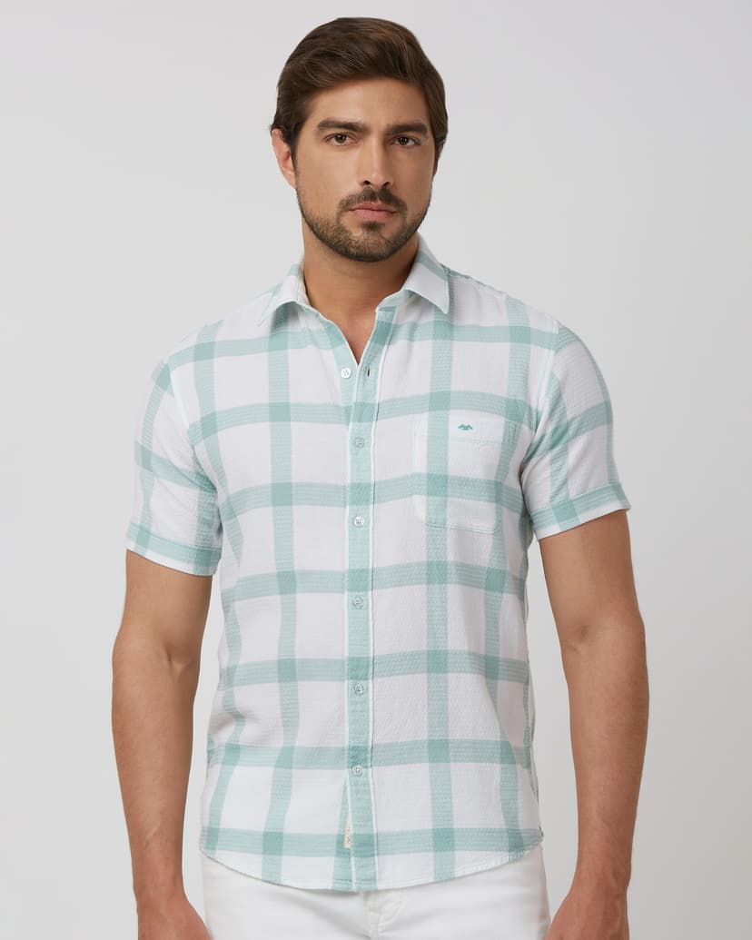 Light Green Large Check Slim Fit Casual Shirt