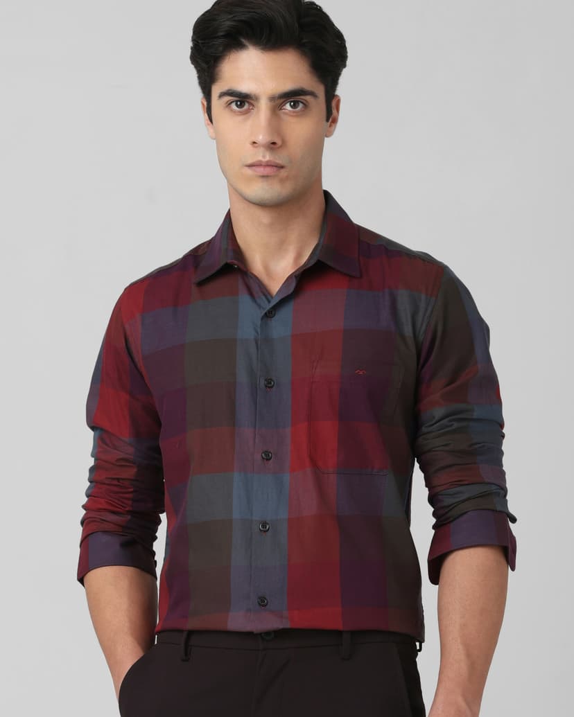 Maroon Large Check Slim Fit Casual Shirt