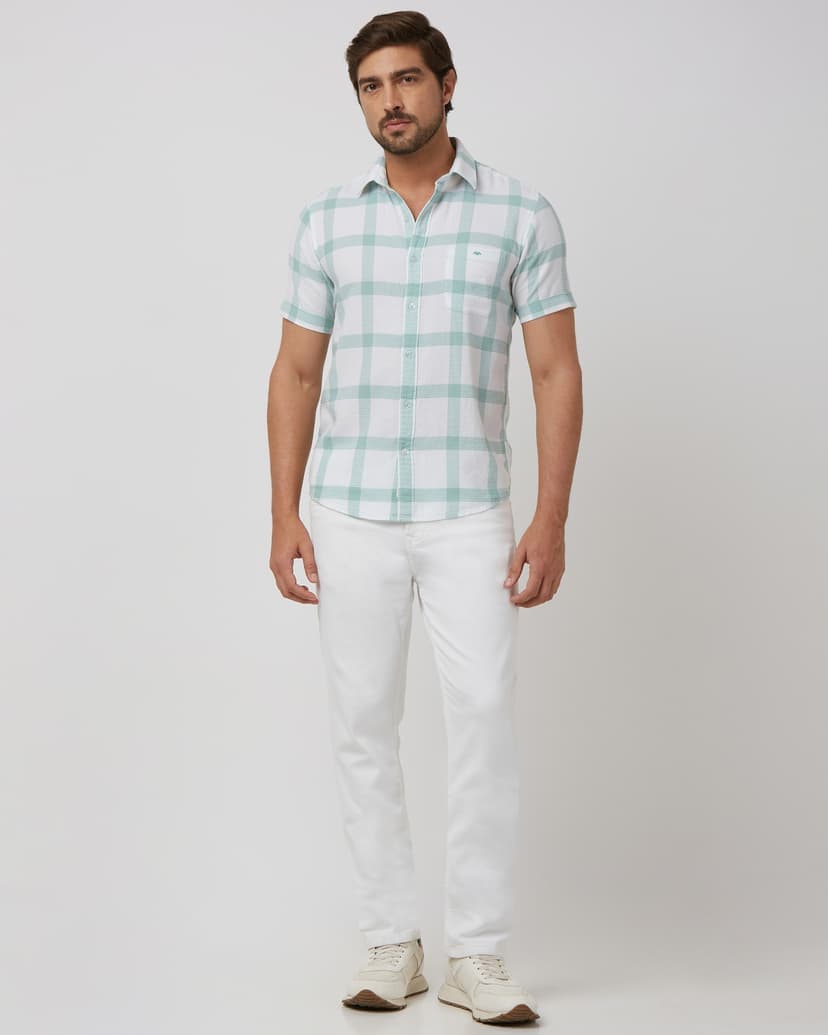 Light Green Large Check Slim Fit Casual Shirt