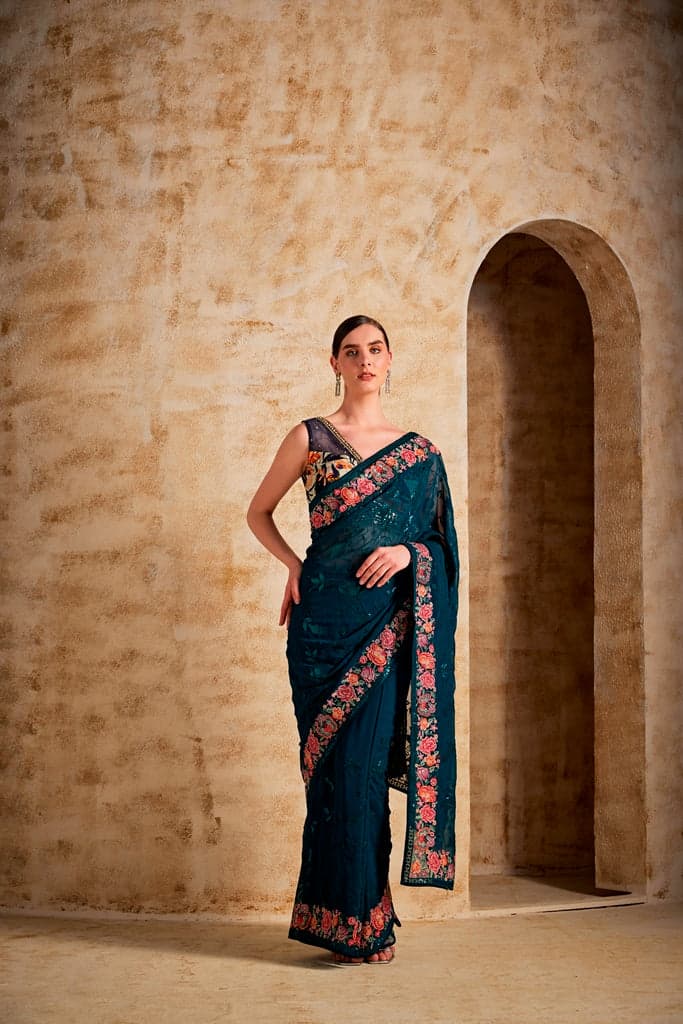 Neerus Peacock Color Georgette Fabric Saree | Neeru's Neerus Peacock Color Georgette Fabric Saree | Neeru's