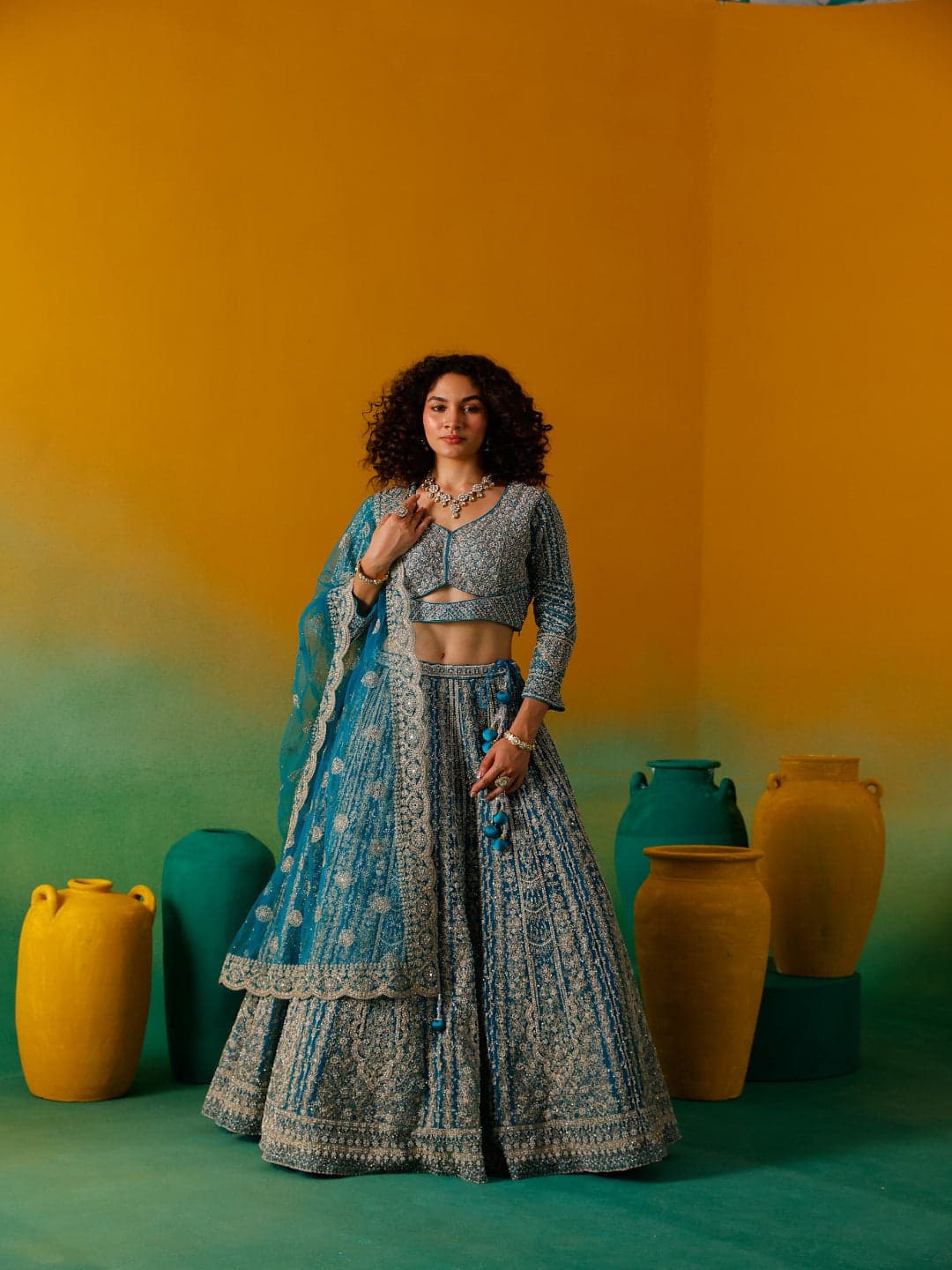 Neerus Rama Embroidery work Nett Fabric Ghagra Set | Neeru's