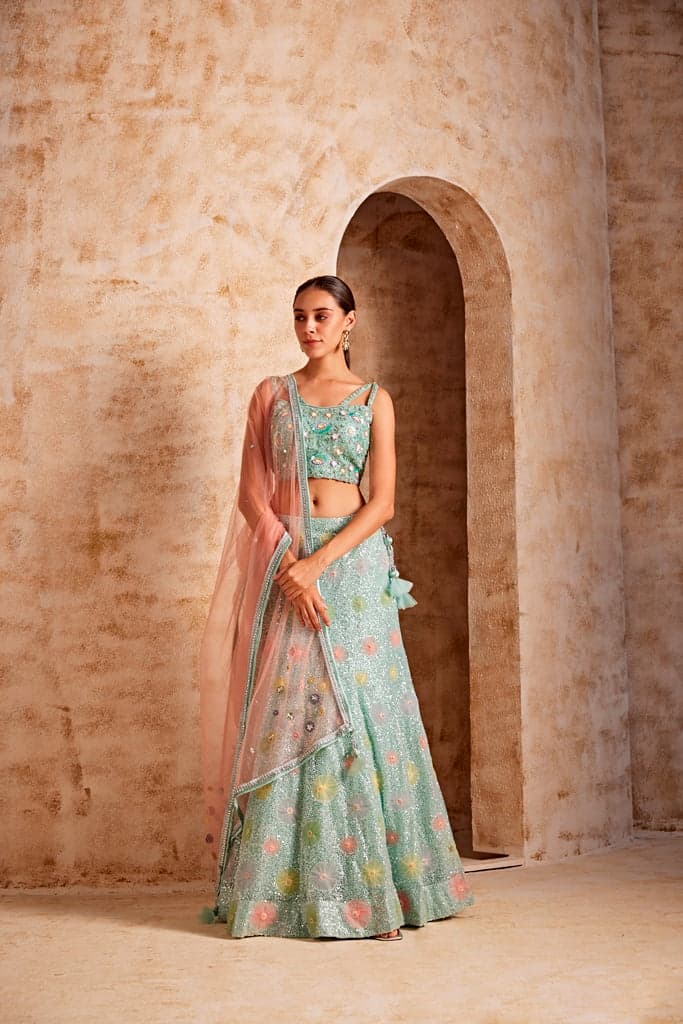 Neerus Sea Green Color Nett Fabric Ghagra Set | Neeru's