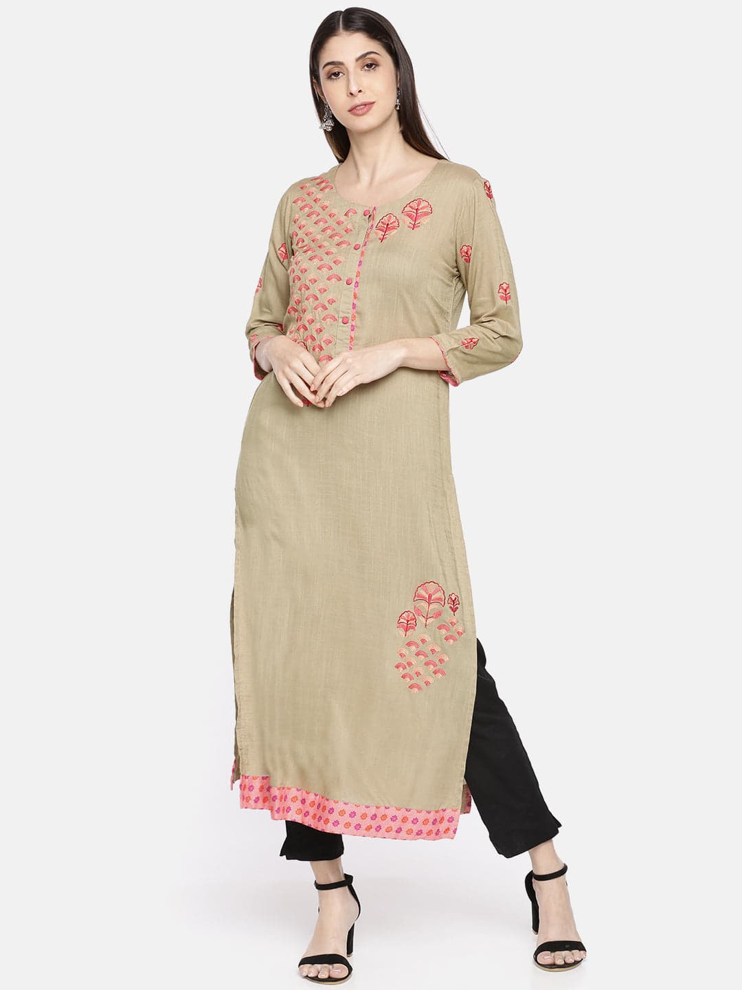 Neerus Beige Embroidered Straight Kurta | Neeru's