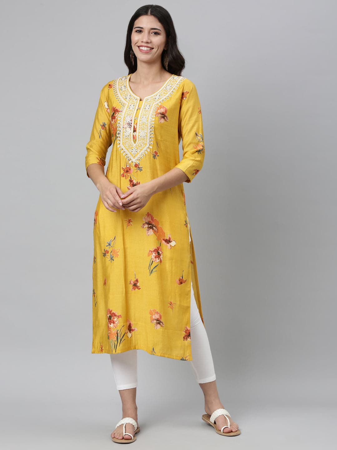 Neerus Mustard Color Silk Fabric Kurta | Neeru's