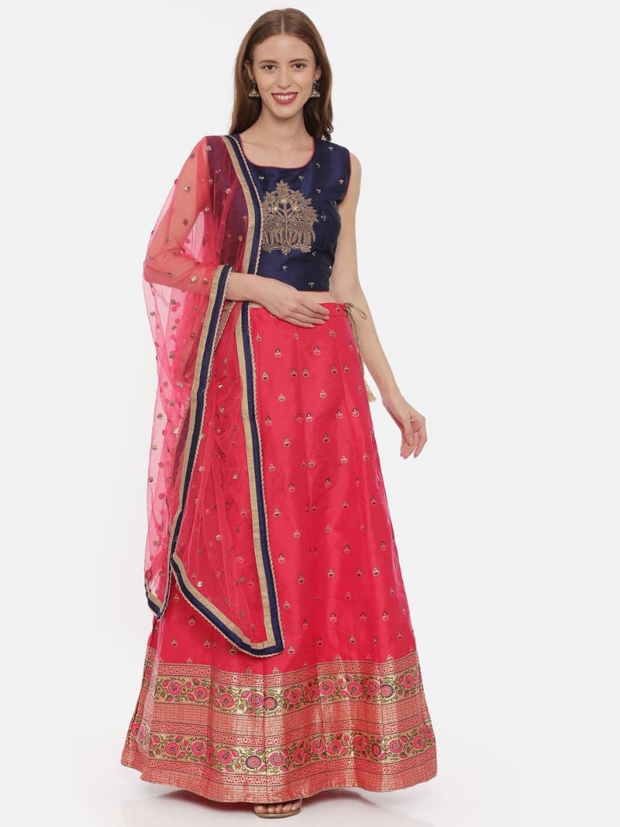 Neerus Pink &amp; Blue Embellished Lehenga Set | Neeru's