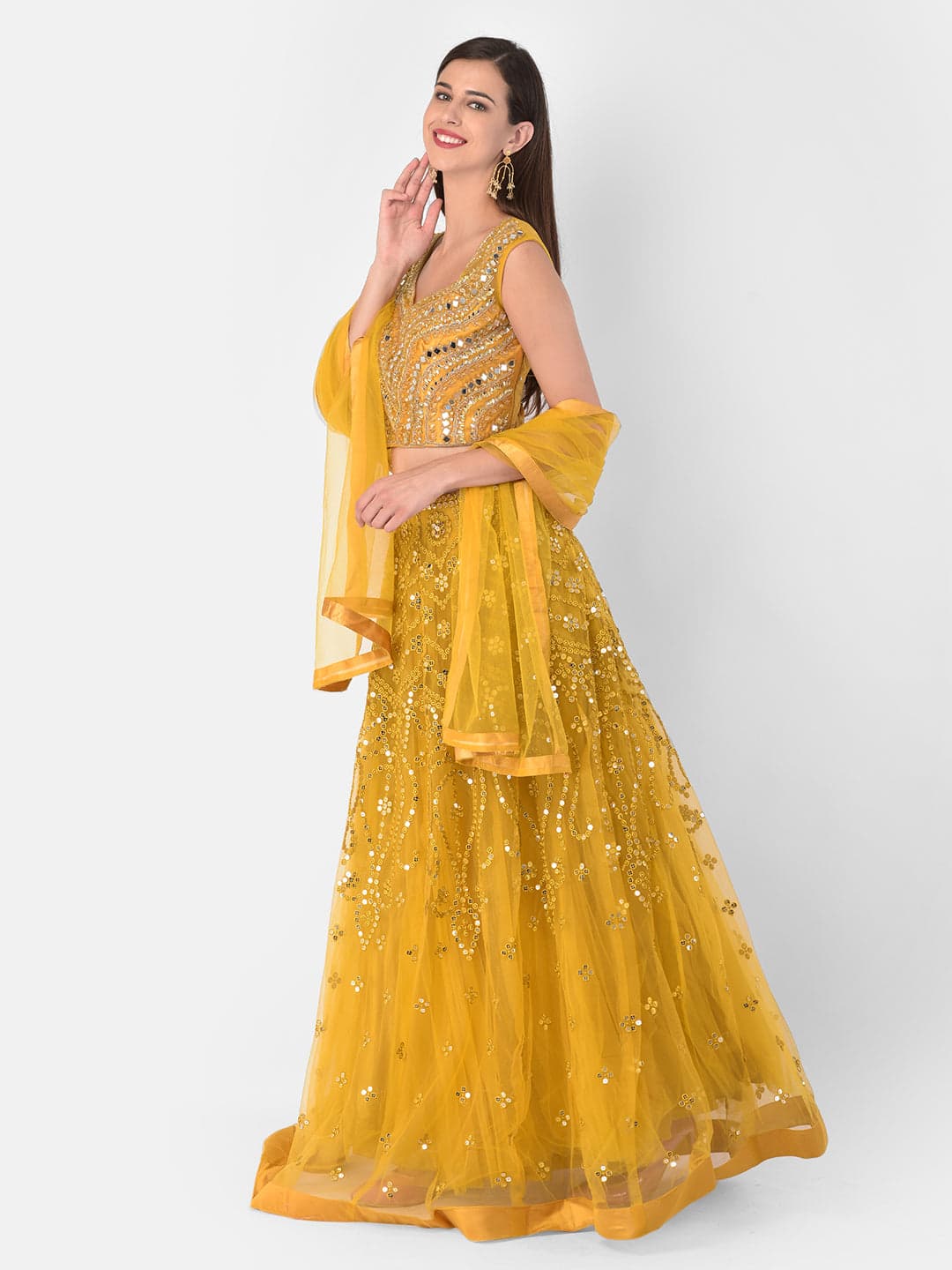 Neerus Mustard Color Nett Fabric Ghagra Set | Neeru's