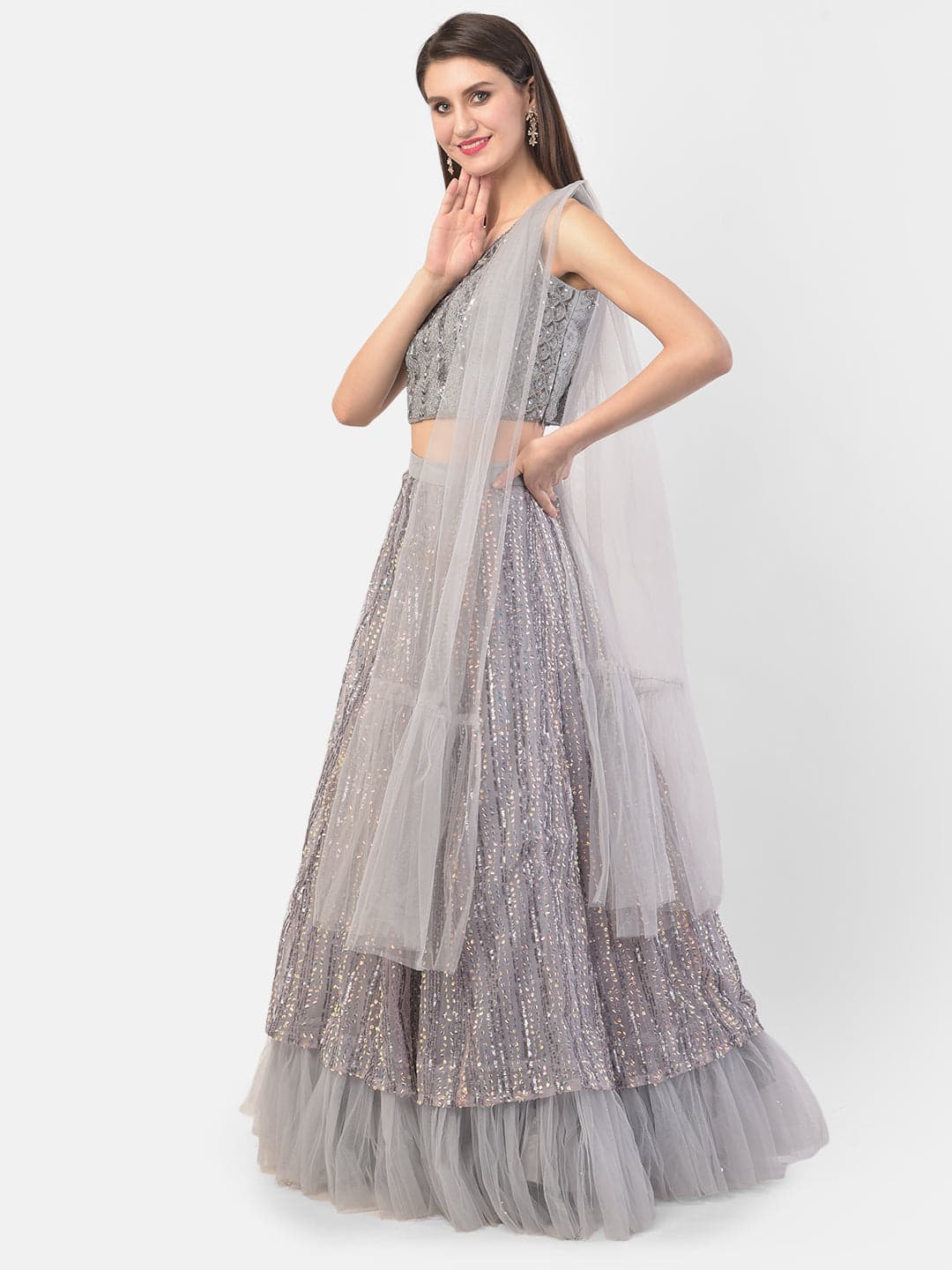 Neerus Grey Color Nett Fabric Ghagra Set | Neeru's