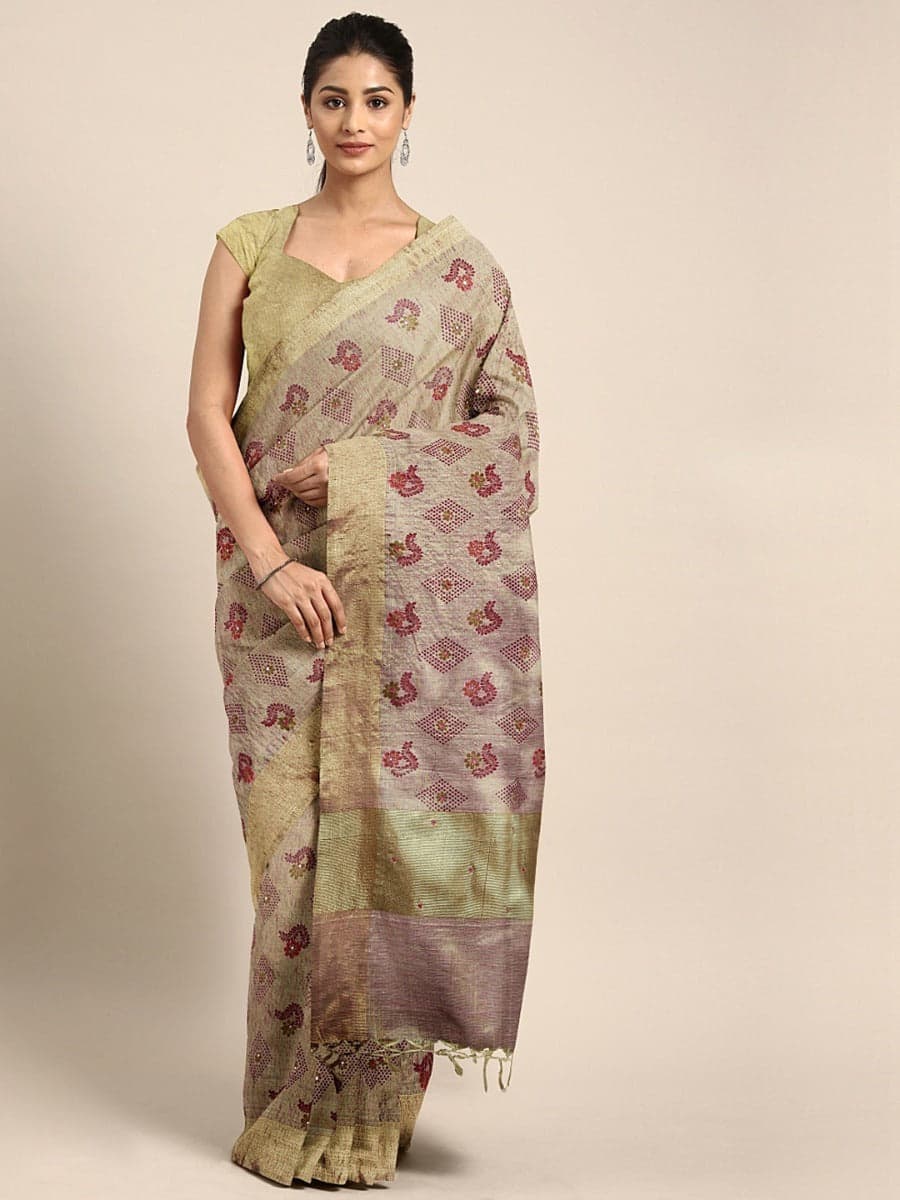 Neerus Beige Pink Polyester Woven Design Saree | Neeru's