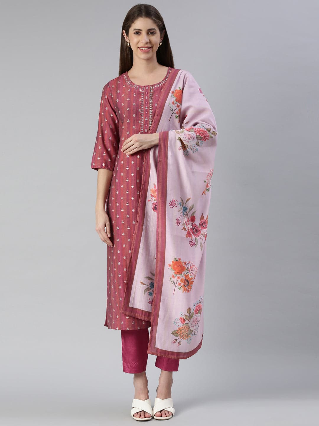Neerus Women Magenta Yoke Design Knee Length Kurta And Trousers With Dupatta