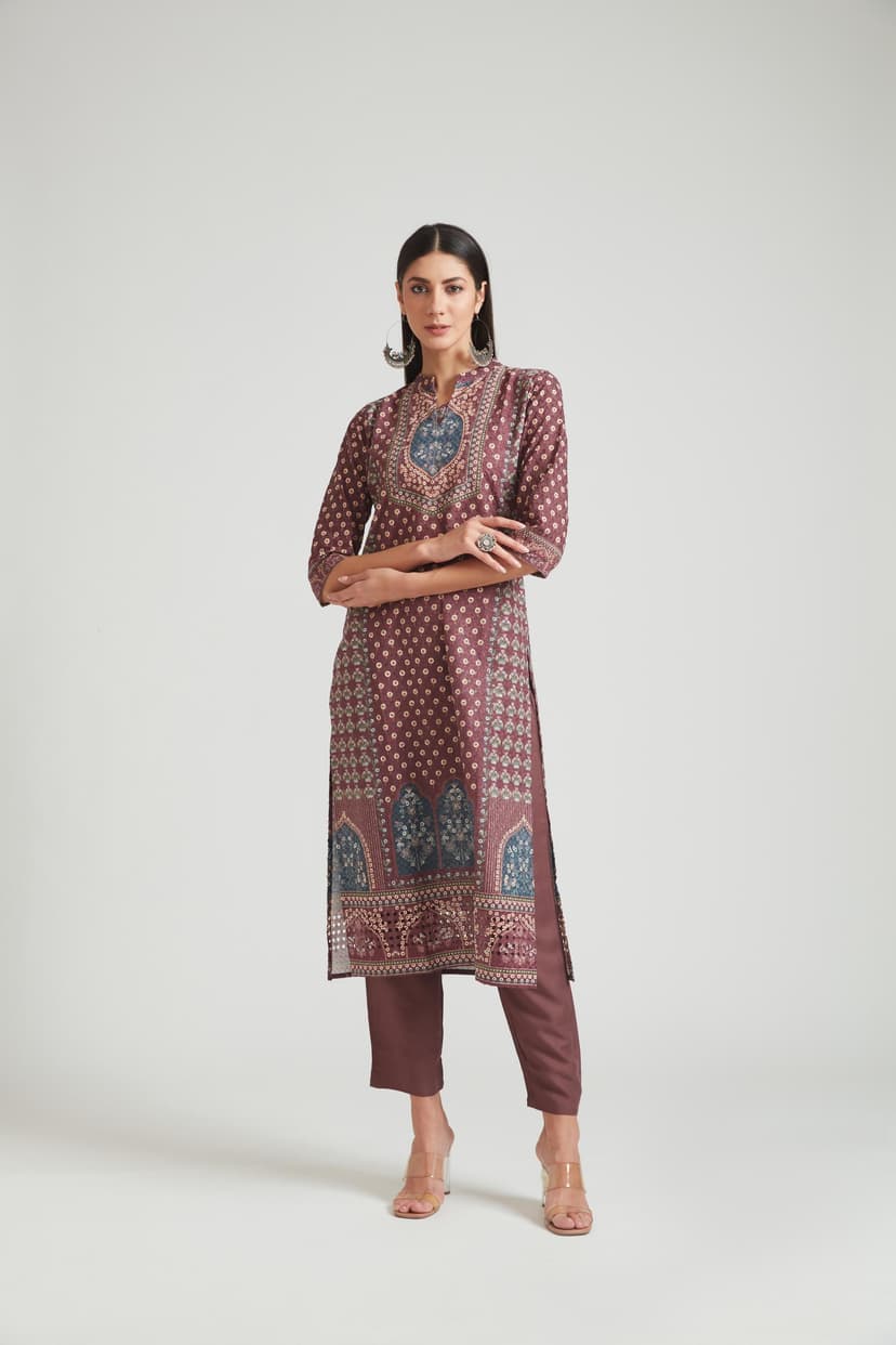 Neerus Wine Color Chiken Fabric Salwar Kameez