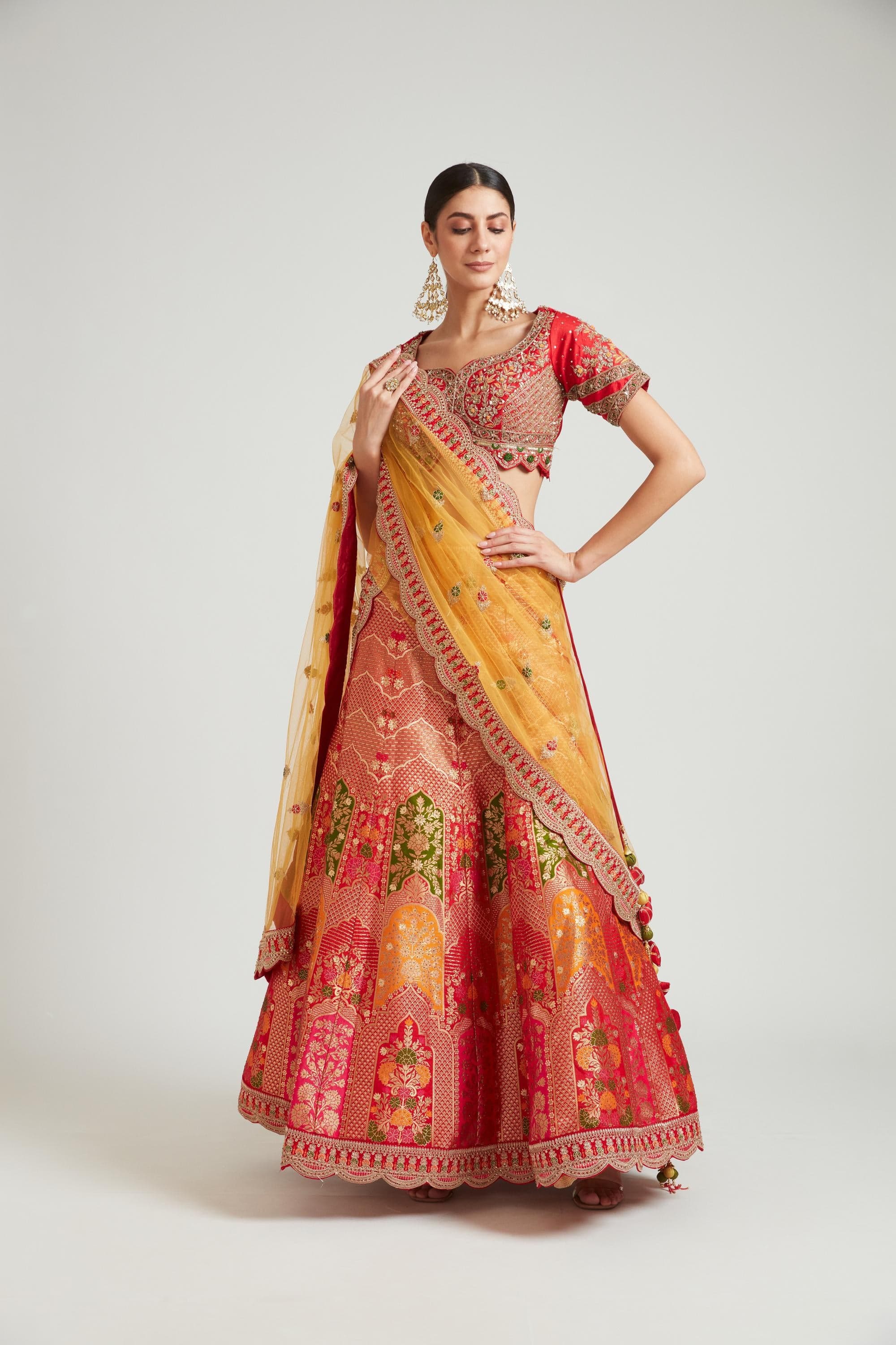 Neerus Red Color Banaras Fabric Lehenga Choli