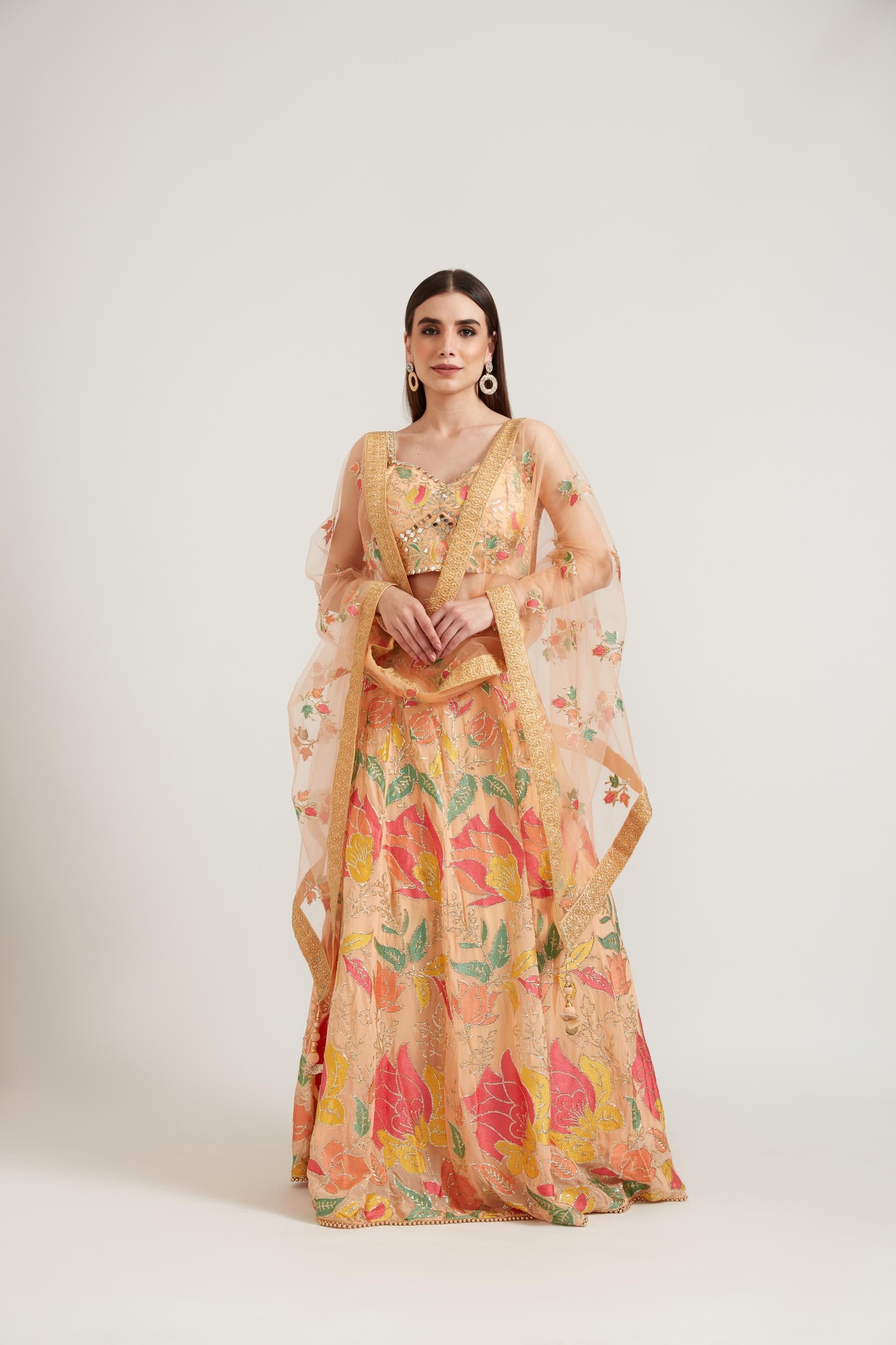 Neerus Peach Color Georgette Fabric Ghagra Set
