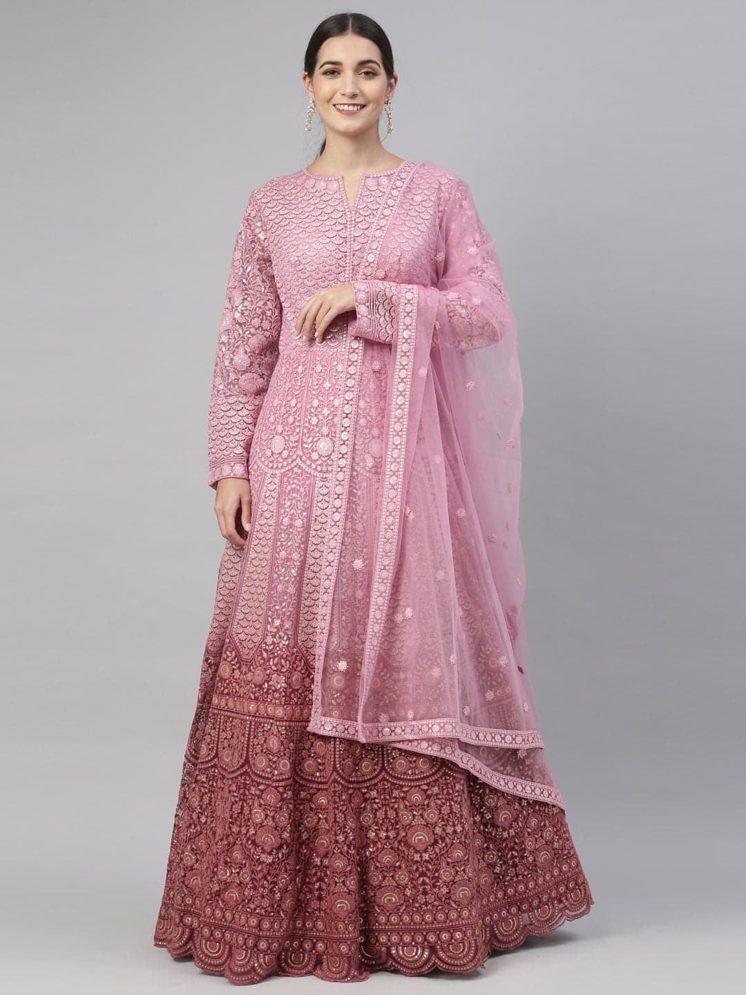 Neerus Pink Color Nett Fabric Gown