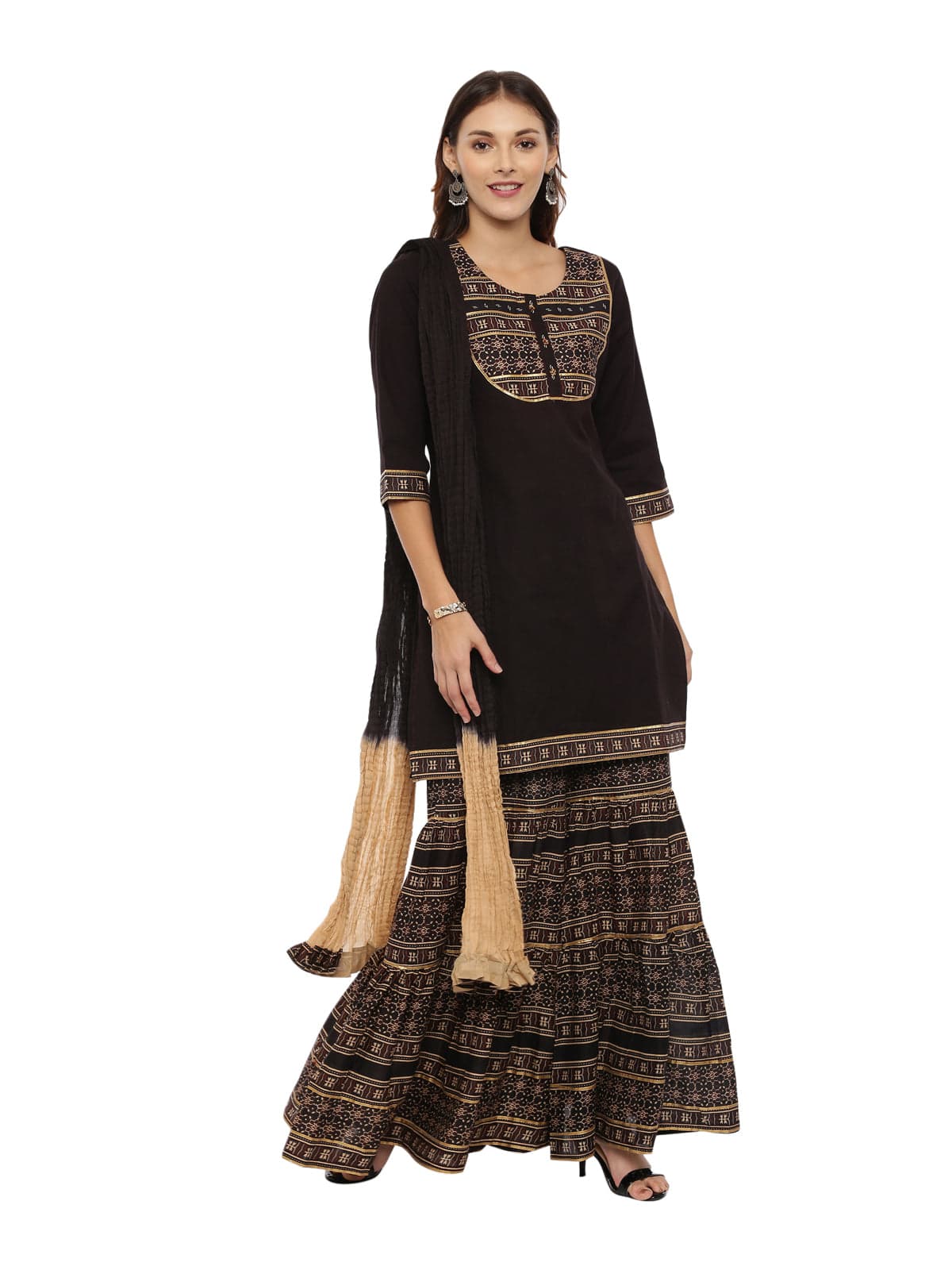 Neerus Brown Printed Kurta With Sharara &amp; Dupatta