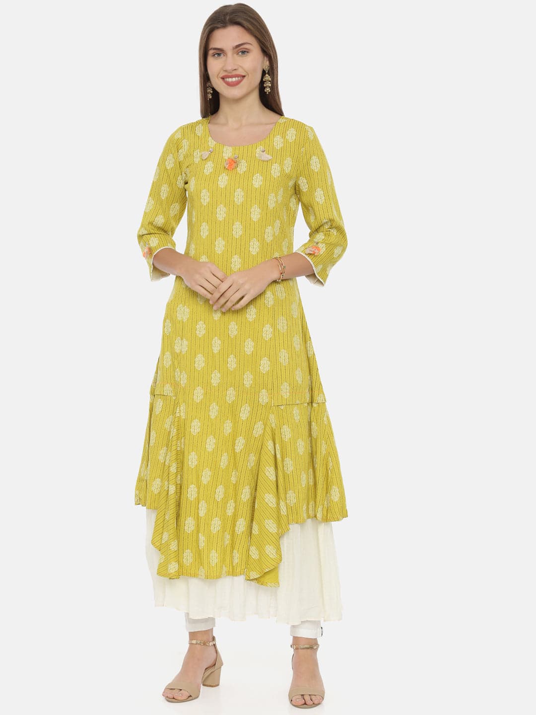 Neerus Yellow Printed High Low Kurta | Neeru's