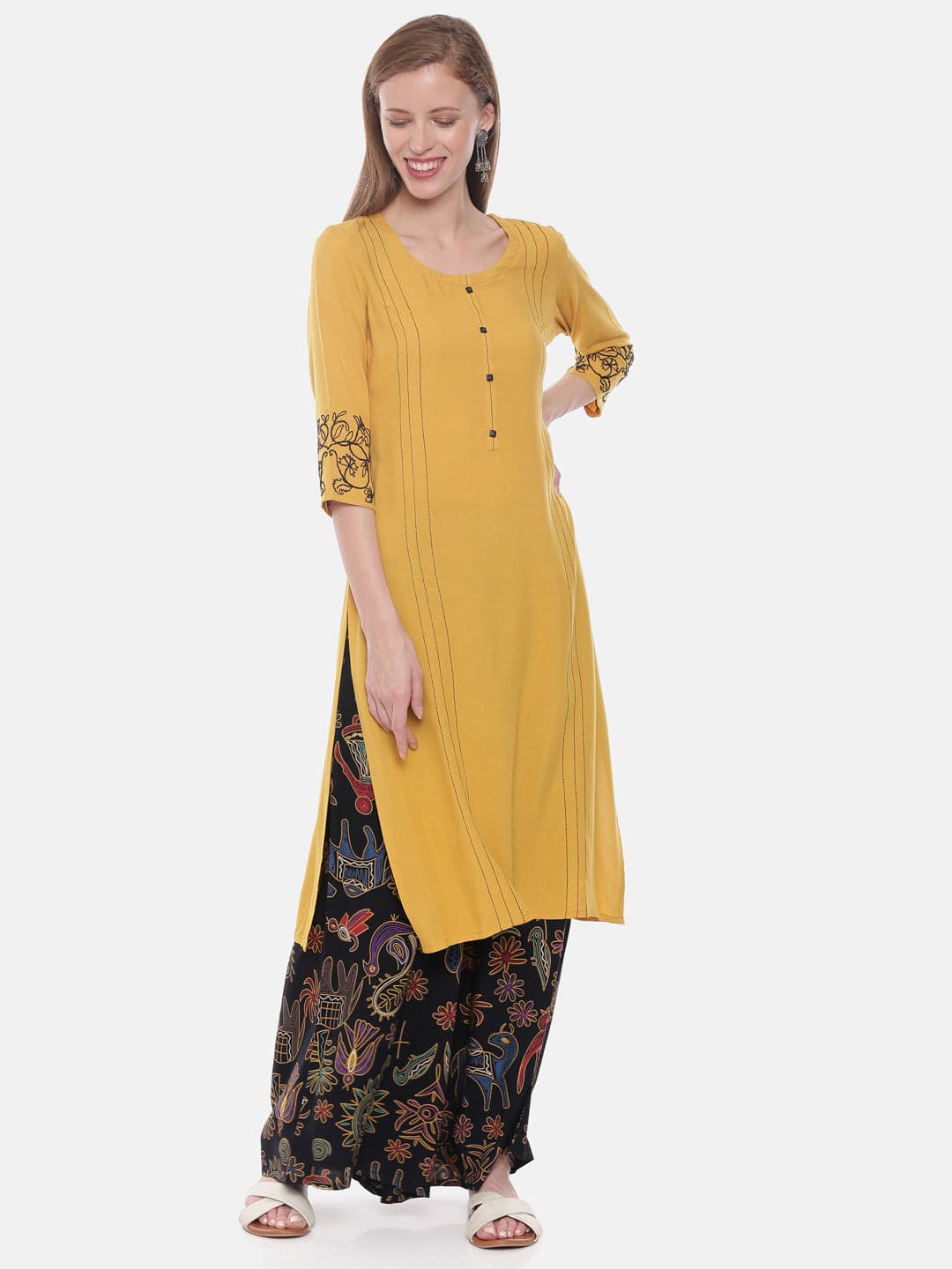 Neerus Mustard Embroidered Straight Kurta | Neeru's