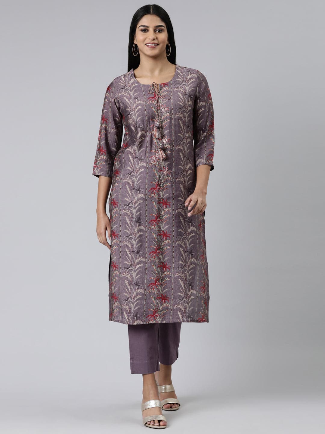 Neerus Purple Regular Calf Length Printed Kurta Solid Trousers | Neeru's
