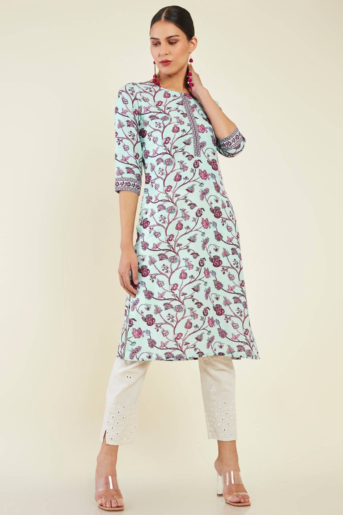 Powder Blue Muslin Straight Kurta With Multicolour Floral Printed Designs | Soch