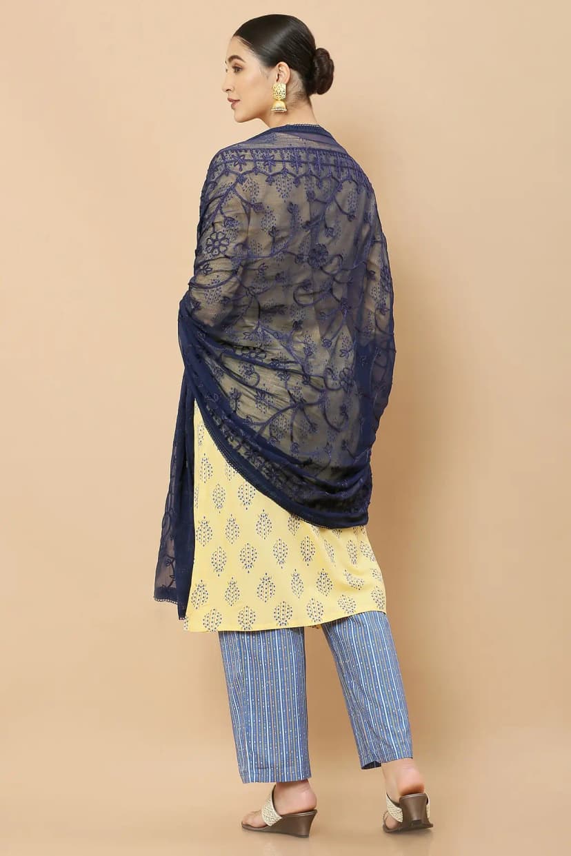 Navy Blue Chiffon Dupatta With Floral Embroidery