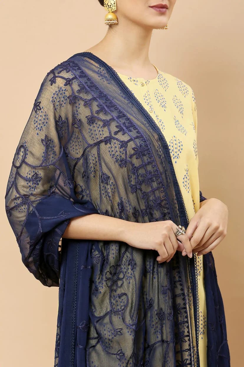 Navy Blue Chiffon Dupatta With Floral Embroidery