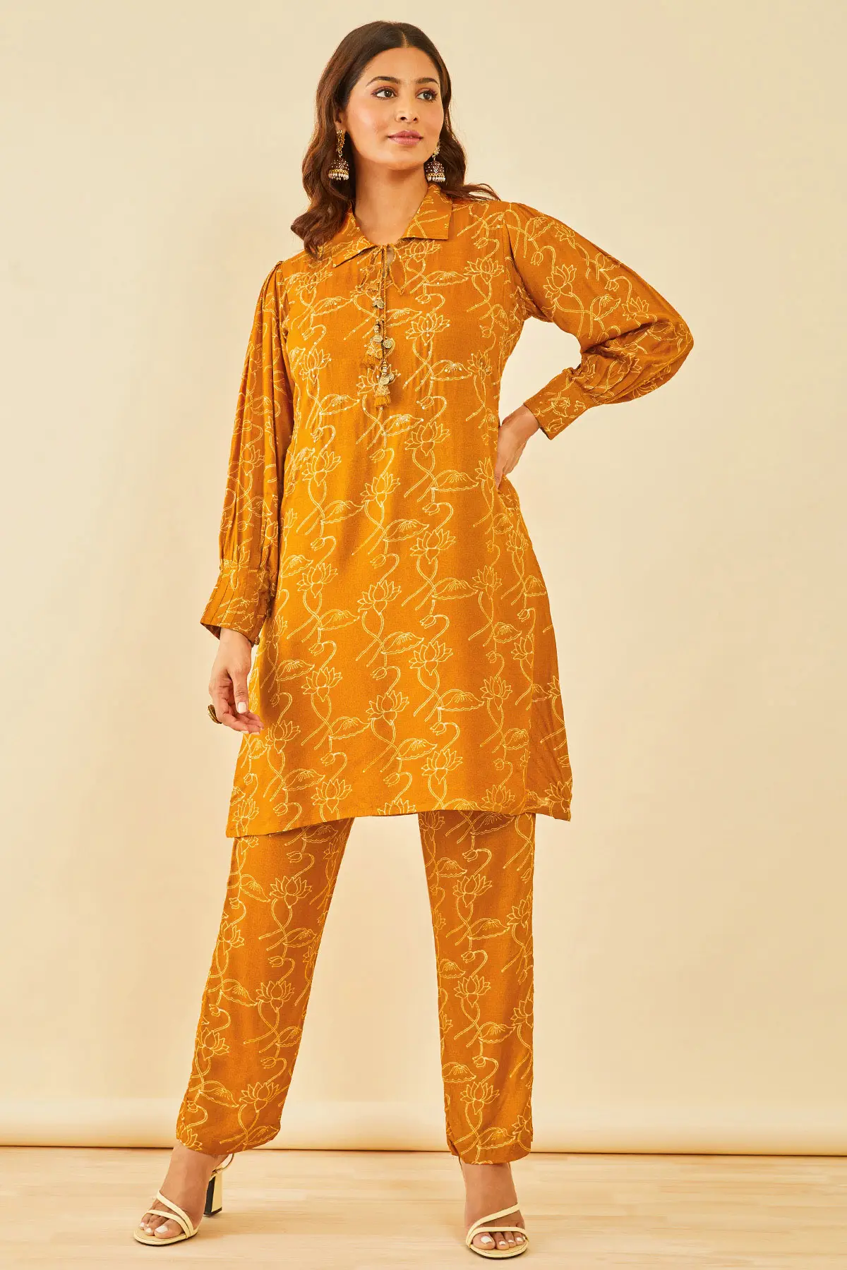 Mustard Muslin Floral Printed Co-Ord Set With Sequins | Soch