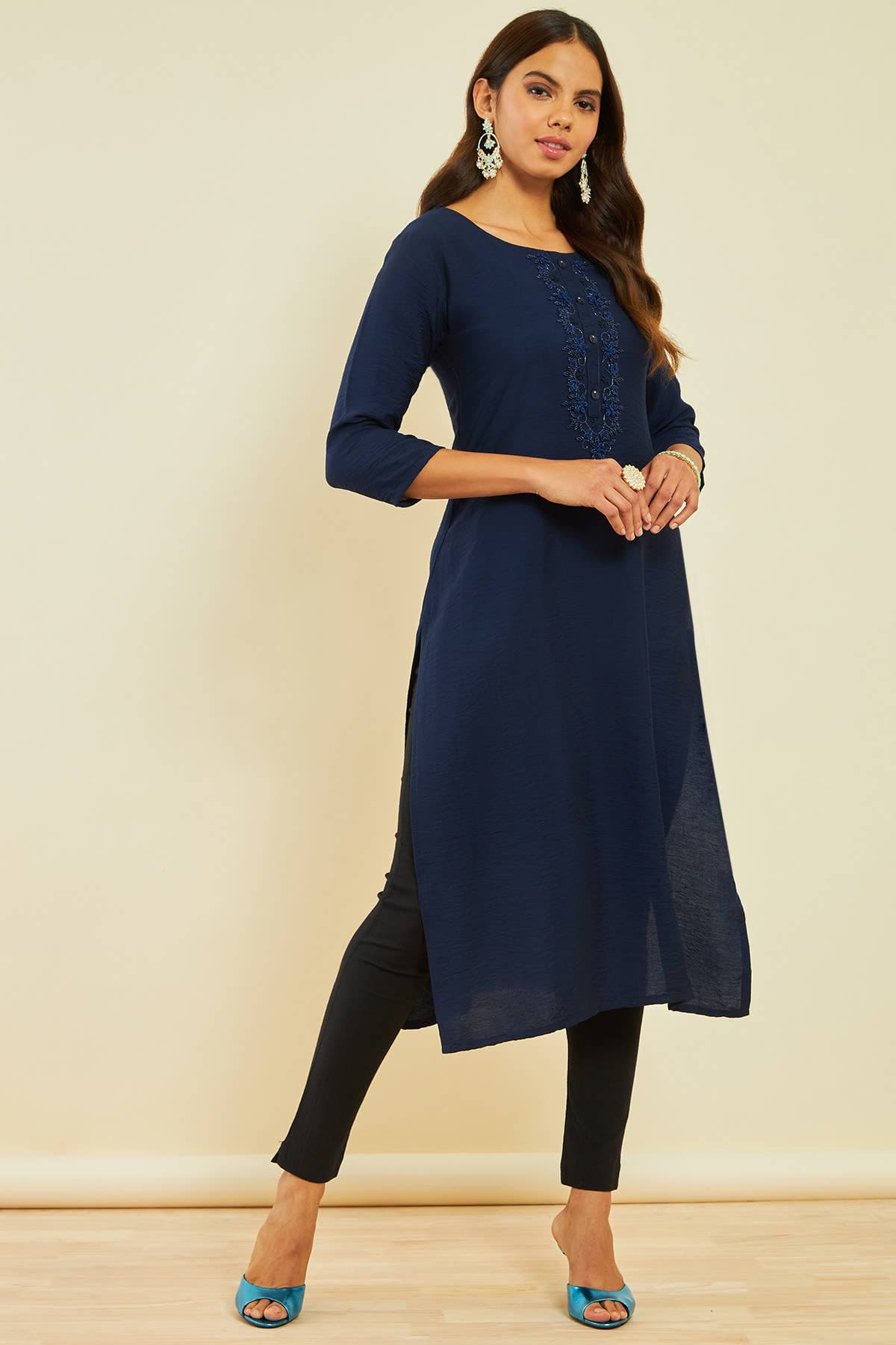 Navy blue Viscose Blend Cutdana Embroidered Round-Neck Straight Kurta | Soch