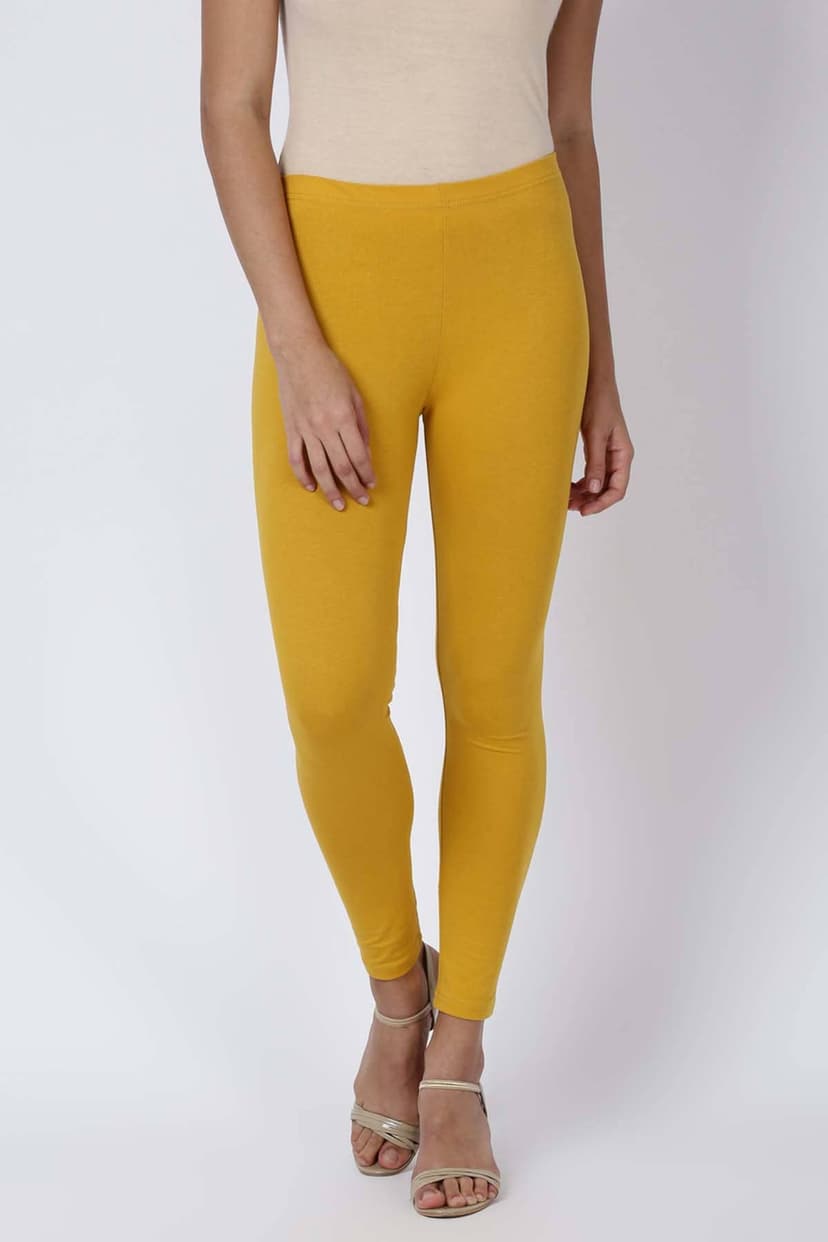 Yellow Solid Spandex Ankle Length Legging
