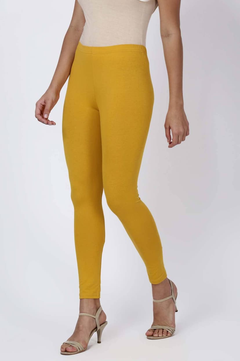 Yellow Solid Spandex Ankle Length Legging
