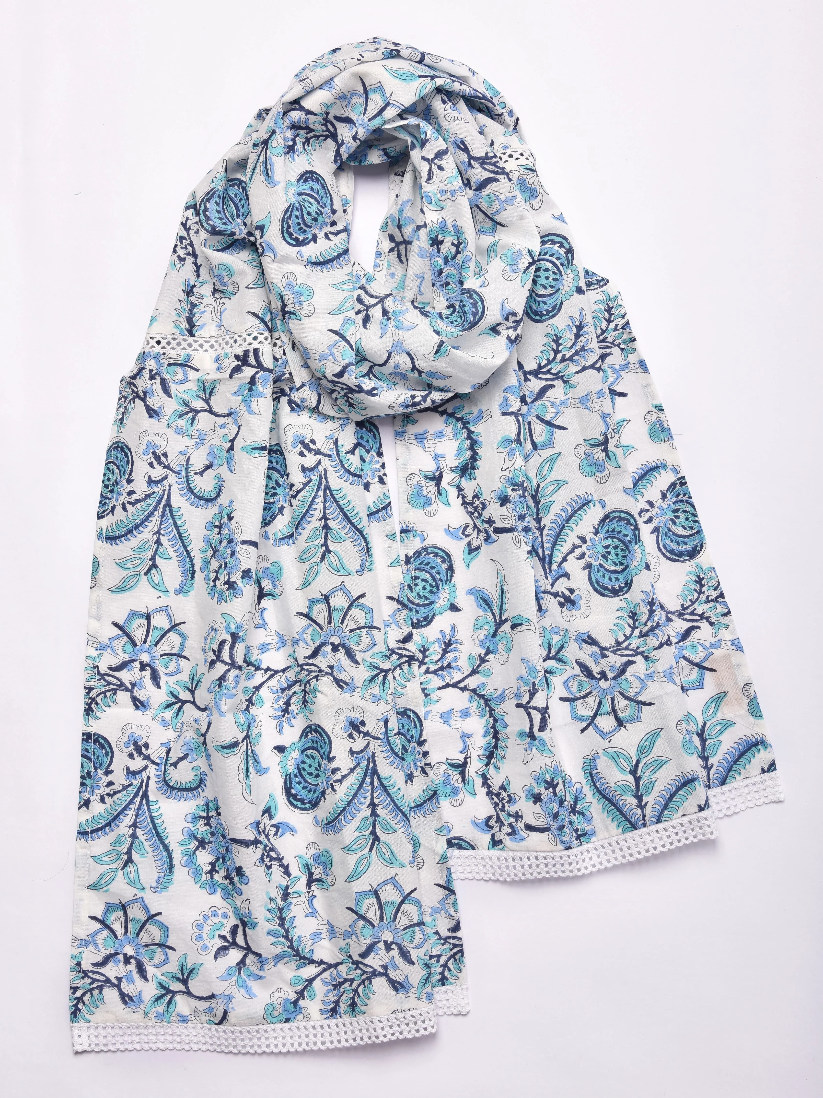 White Overall Blue Print Cotton Stole | True Browns