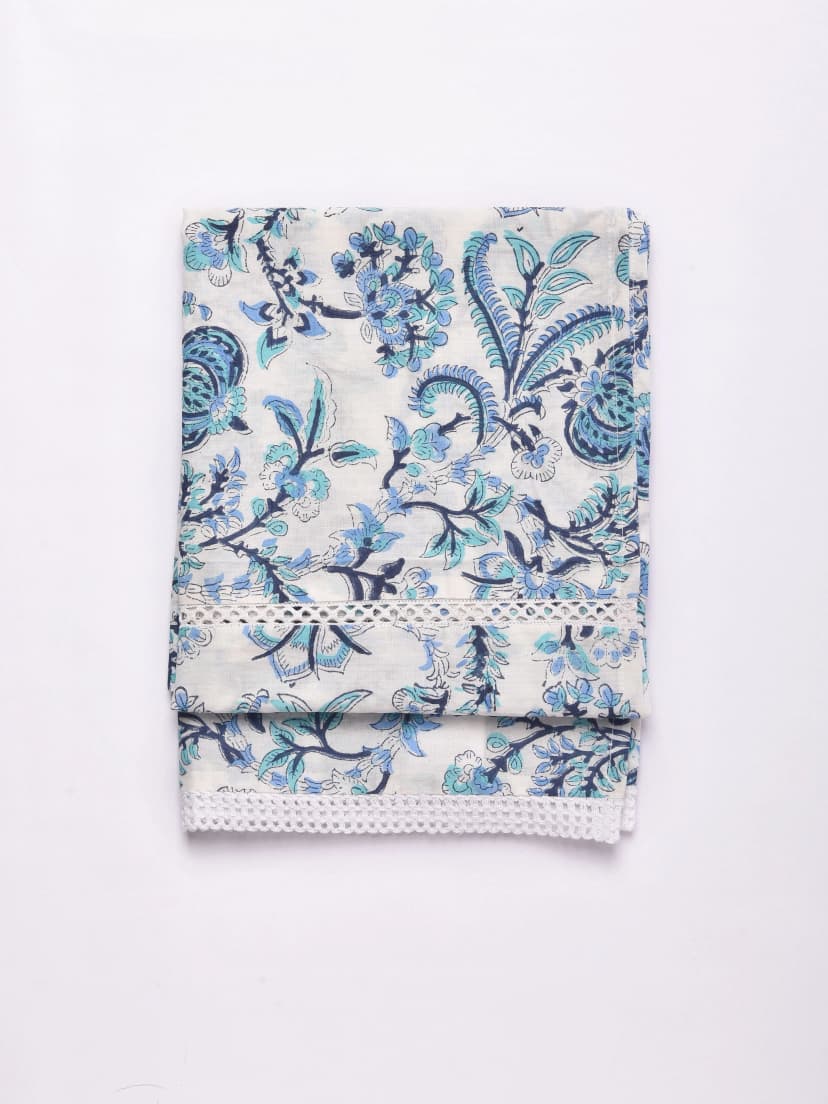 White Overall Blue Print Cotton Stole